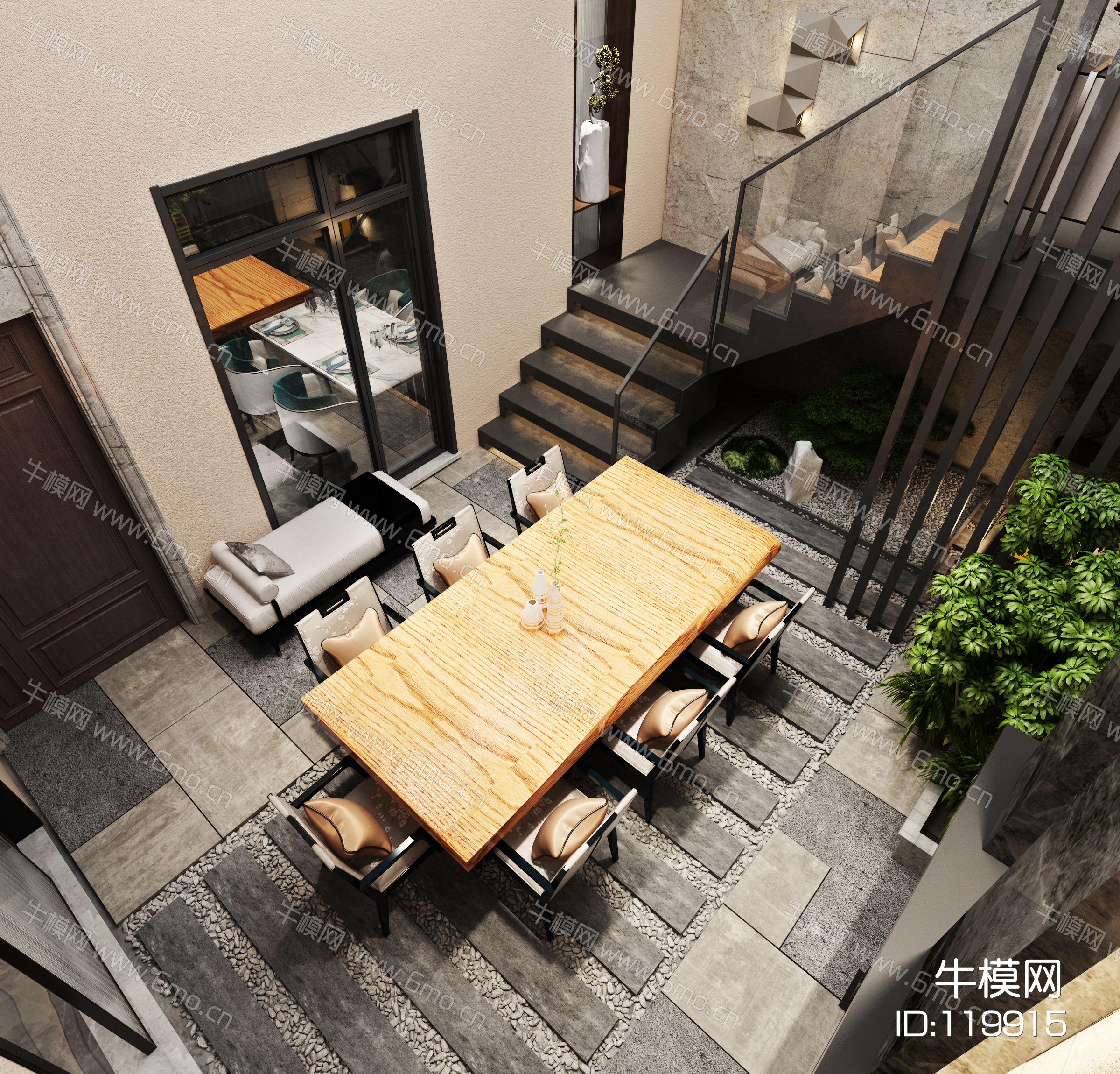 新中式客餐厅带厨房庭院