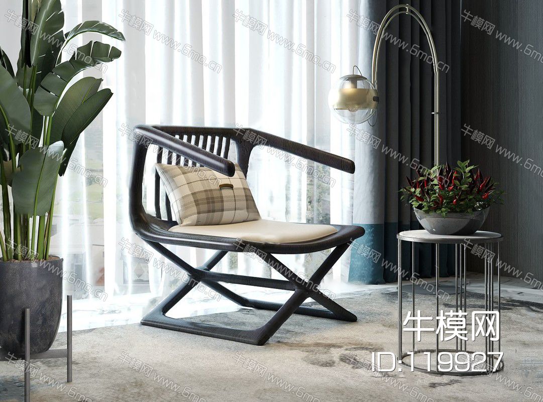 新中式实木休闲单椅