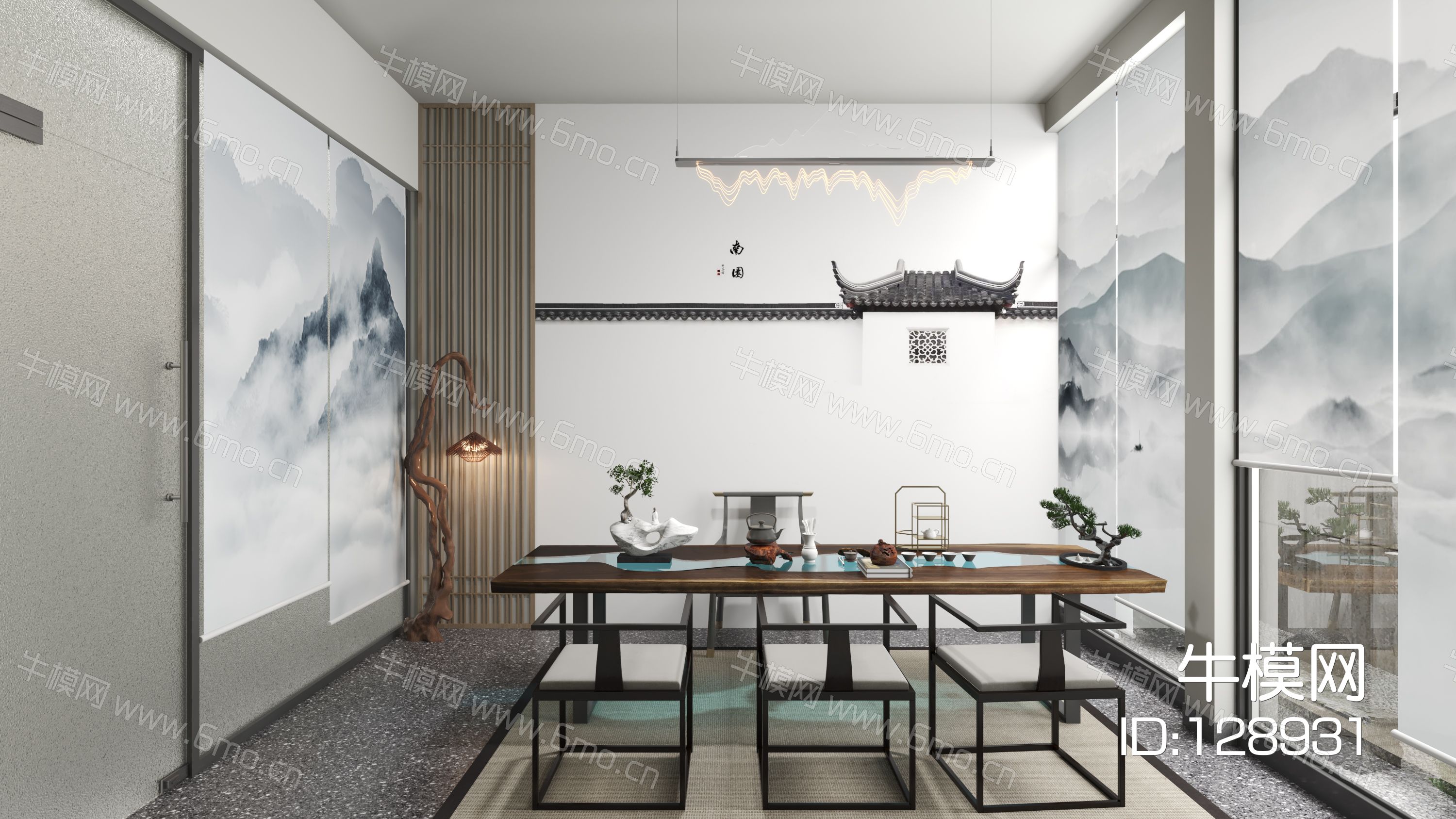  新中式茶室 山水卷帘 枯枝灯 包间 茶具 盆景 吊灯 壁画