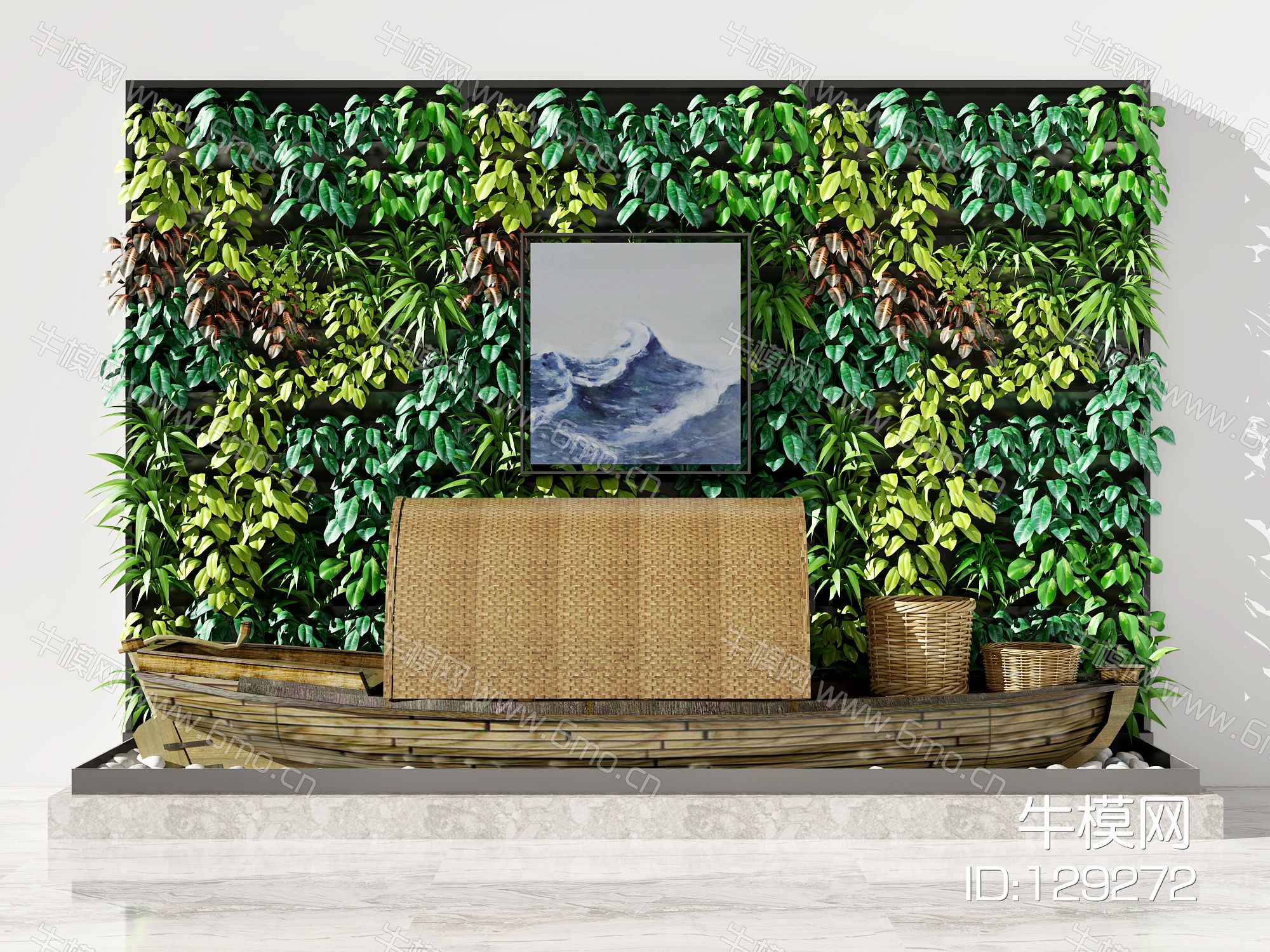 新中式小木船 植物墙