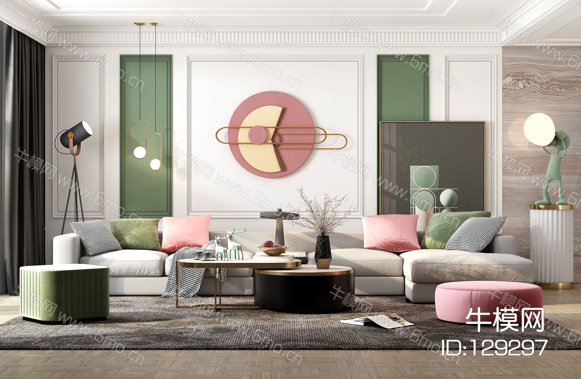 现代轻奢客厅，沙发茶几组合，陈设，摆件，背景墙