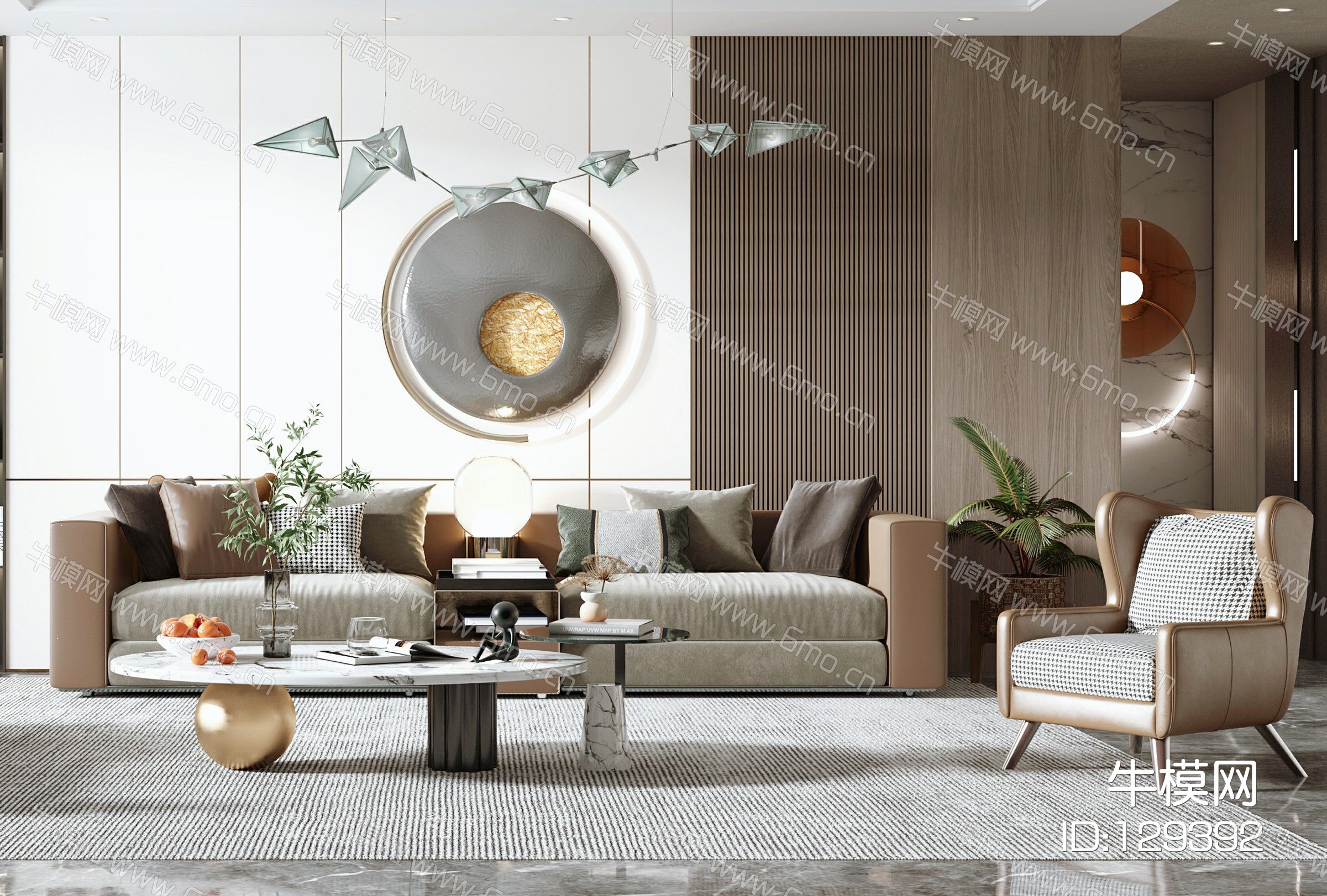 现代客厅，沙发茶几组合，沙发背景墙，陈设摆件，单椅