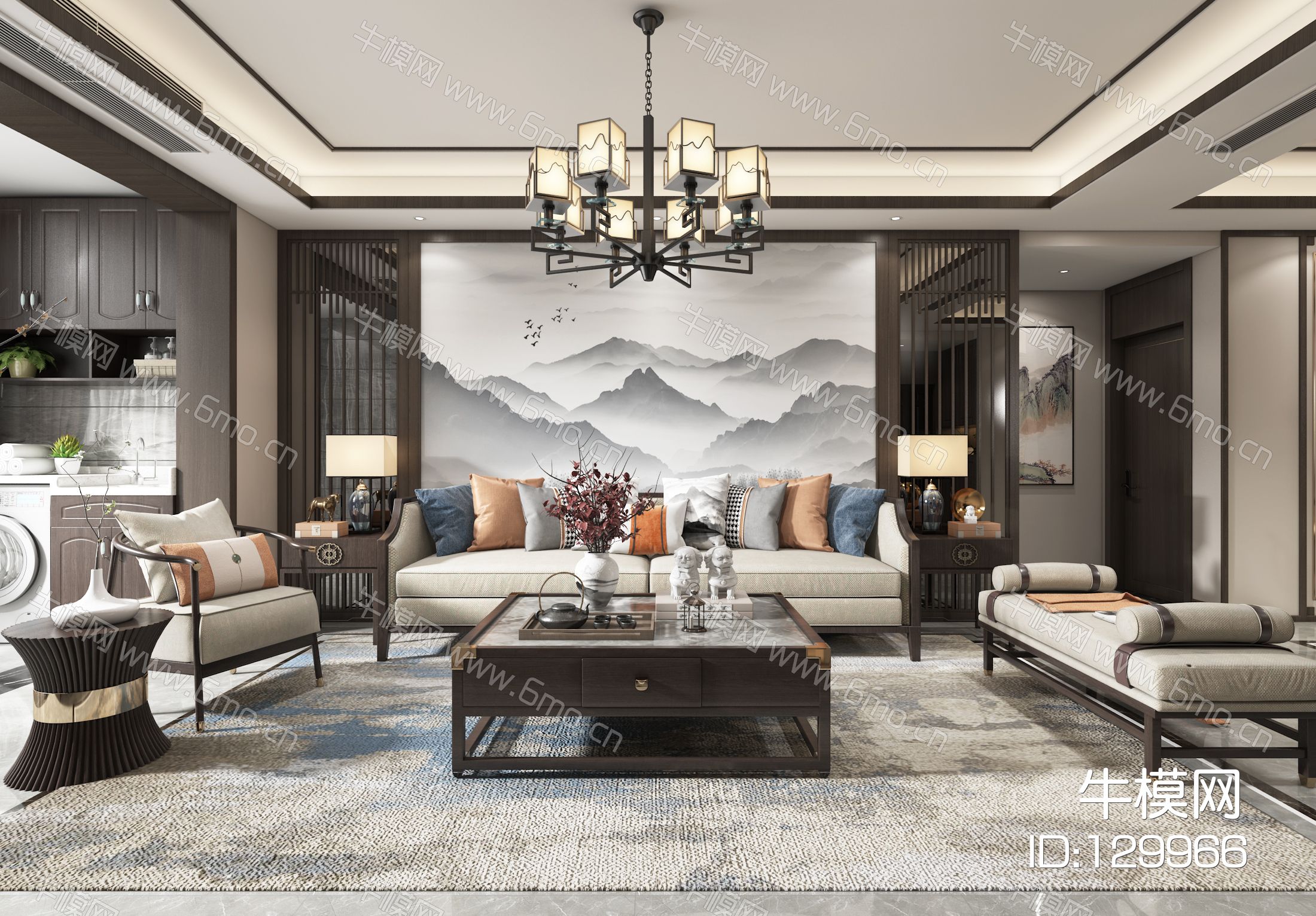 新中式客厅，沙发，餐桌，电视柜，酒柜，吊灯，墙饰，装饰画