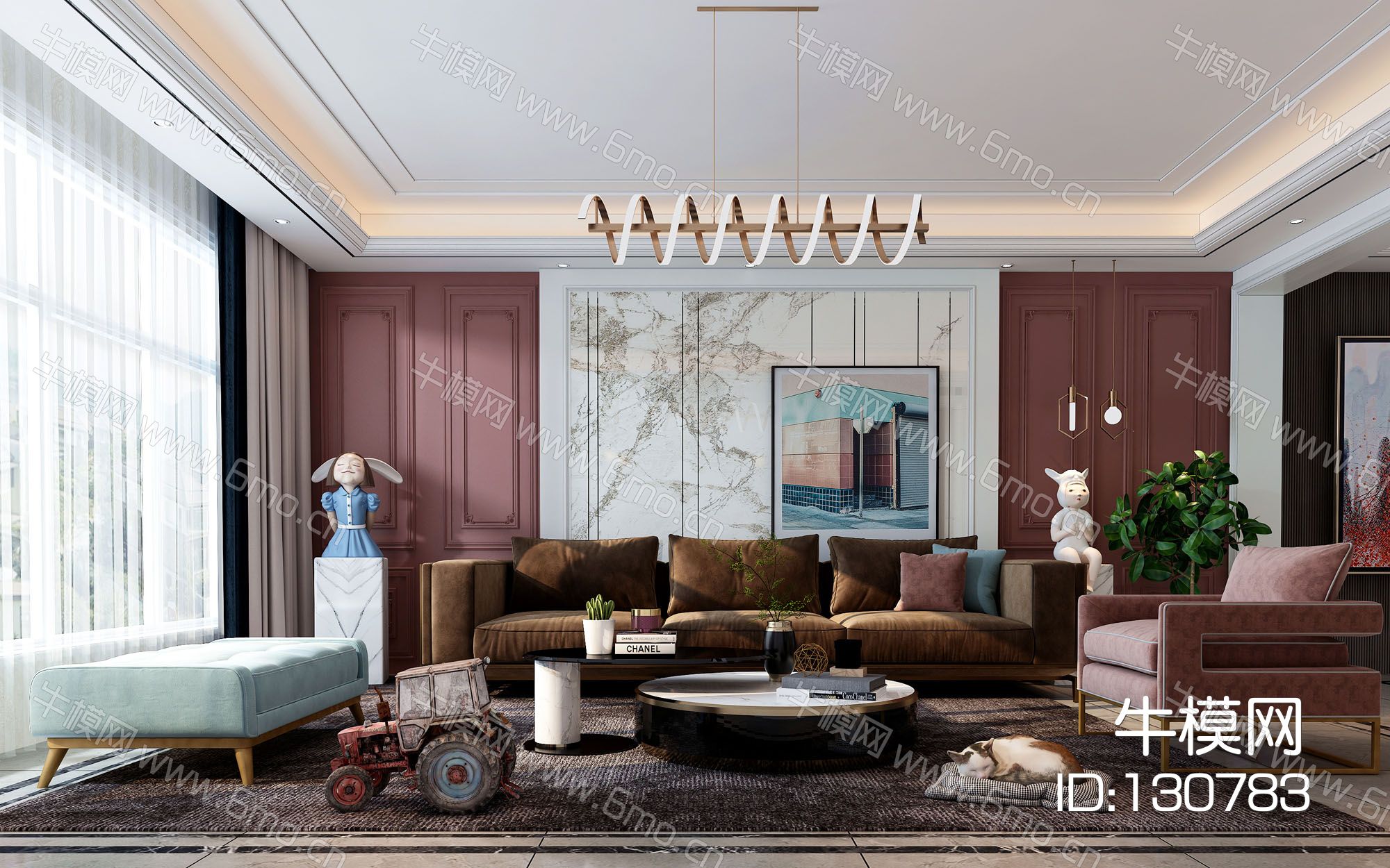 现代客厅，沙发茶几组合，饰品，摆件
