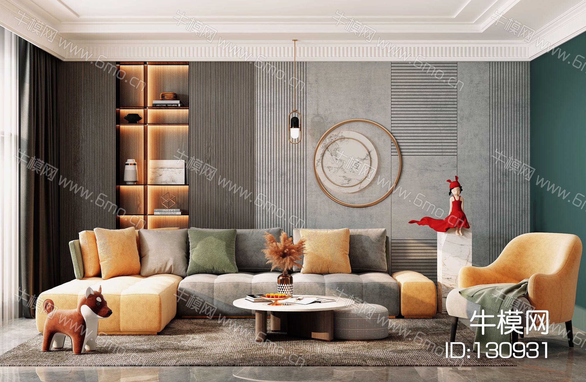 现代客厅，沙发茶几组合，饰品，摆件，背景墙