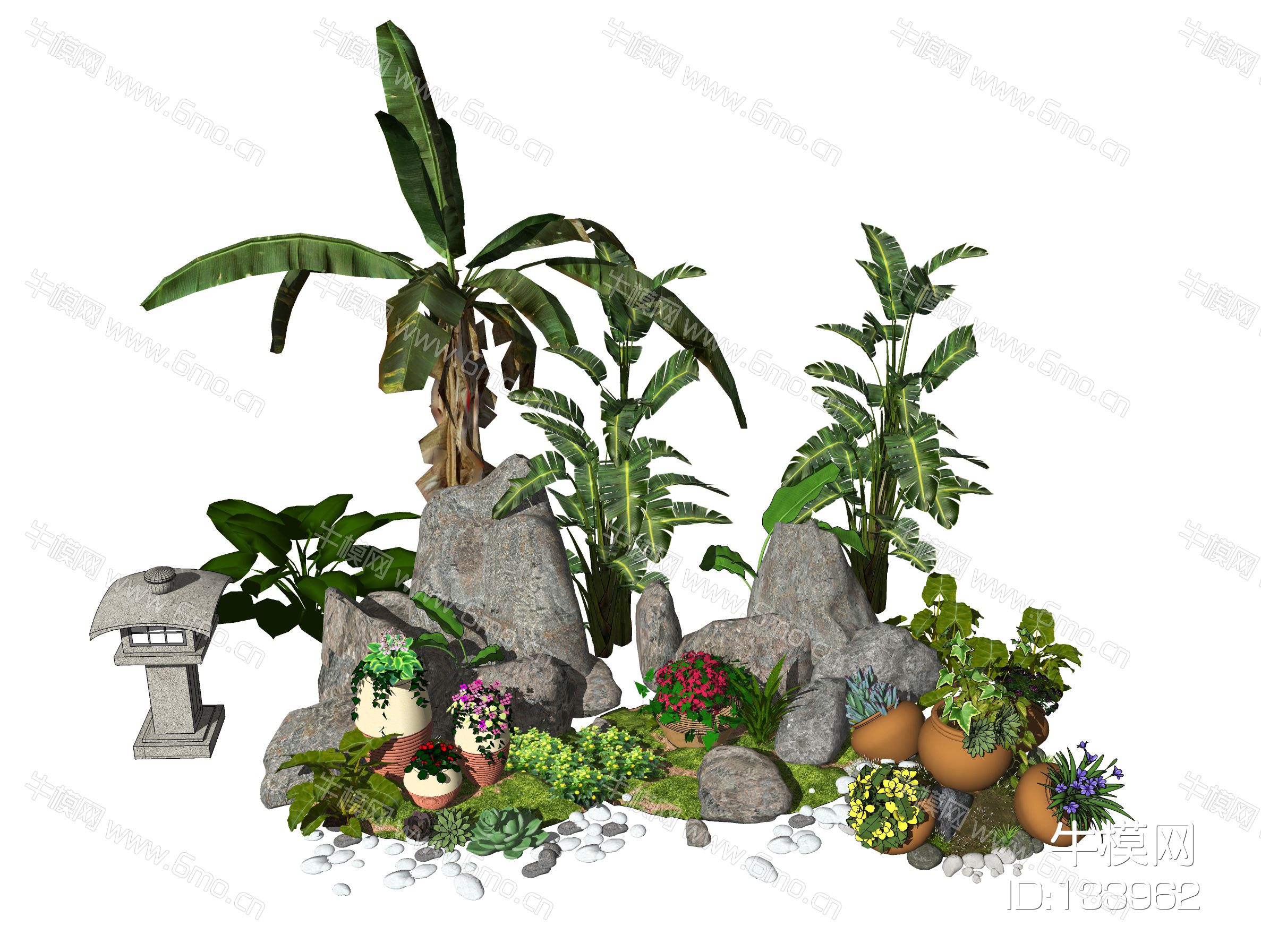 新中式景观小品庭院景观石头盆栽植物假山石头SU模型