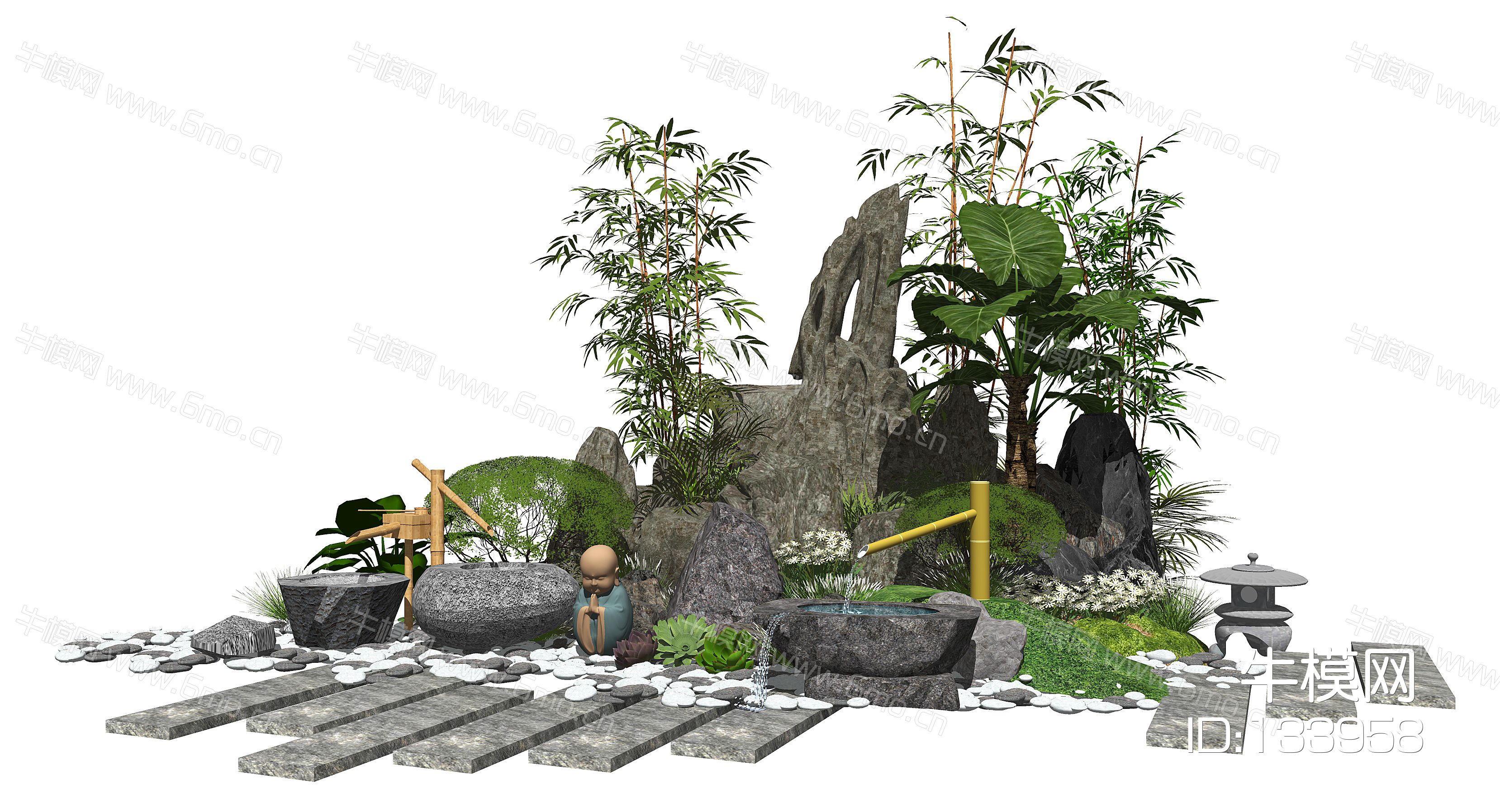 新中式景观小品庭院景观假山石头水景植物SU模型
