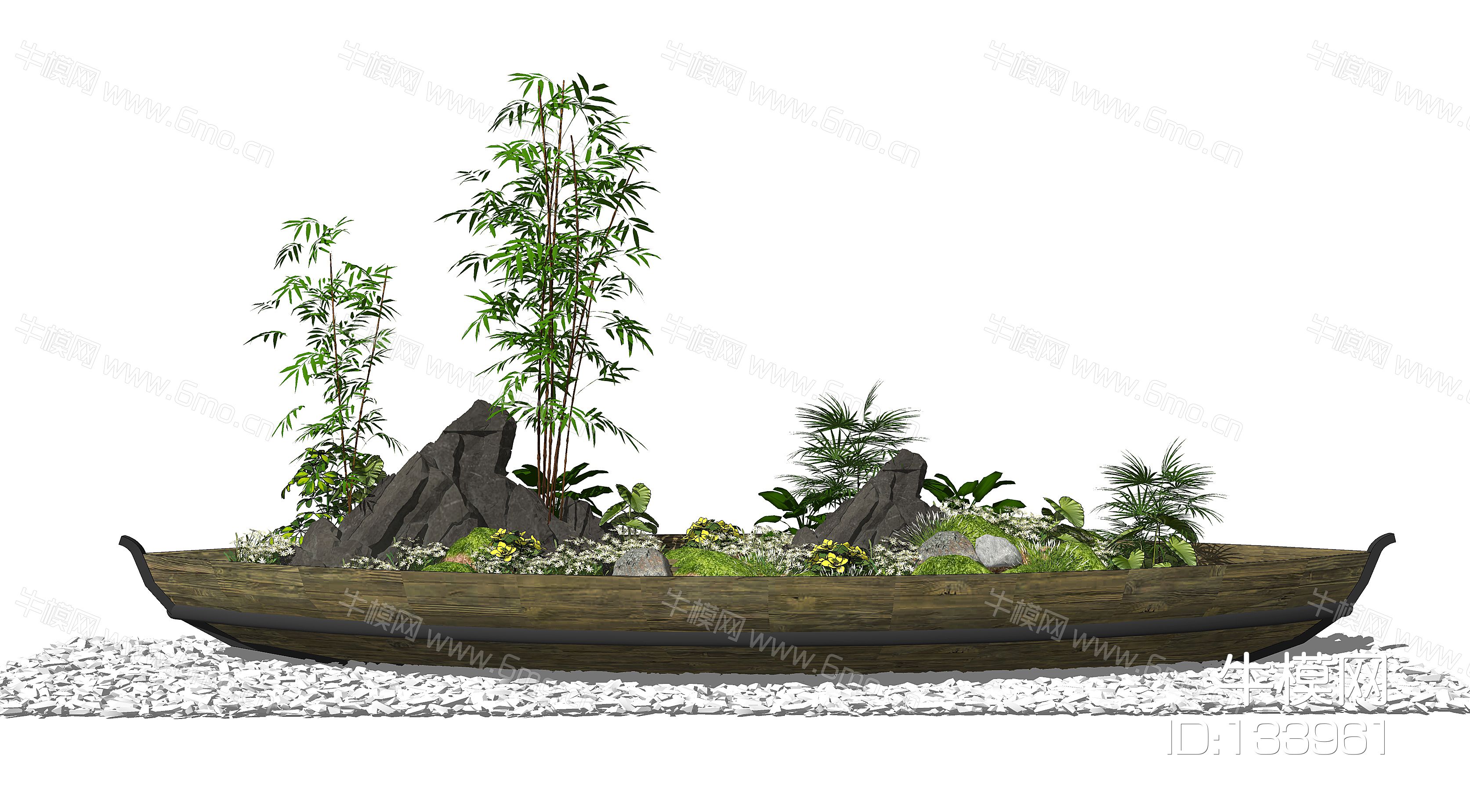 新中式景观小品假山石头植物景观树植物竹子小船SU模型