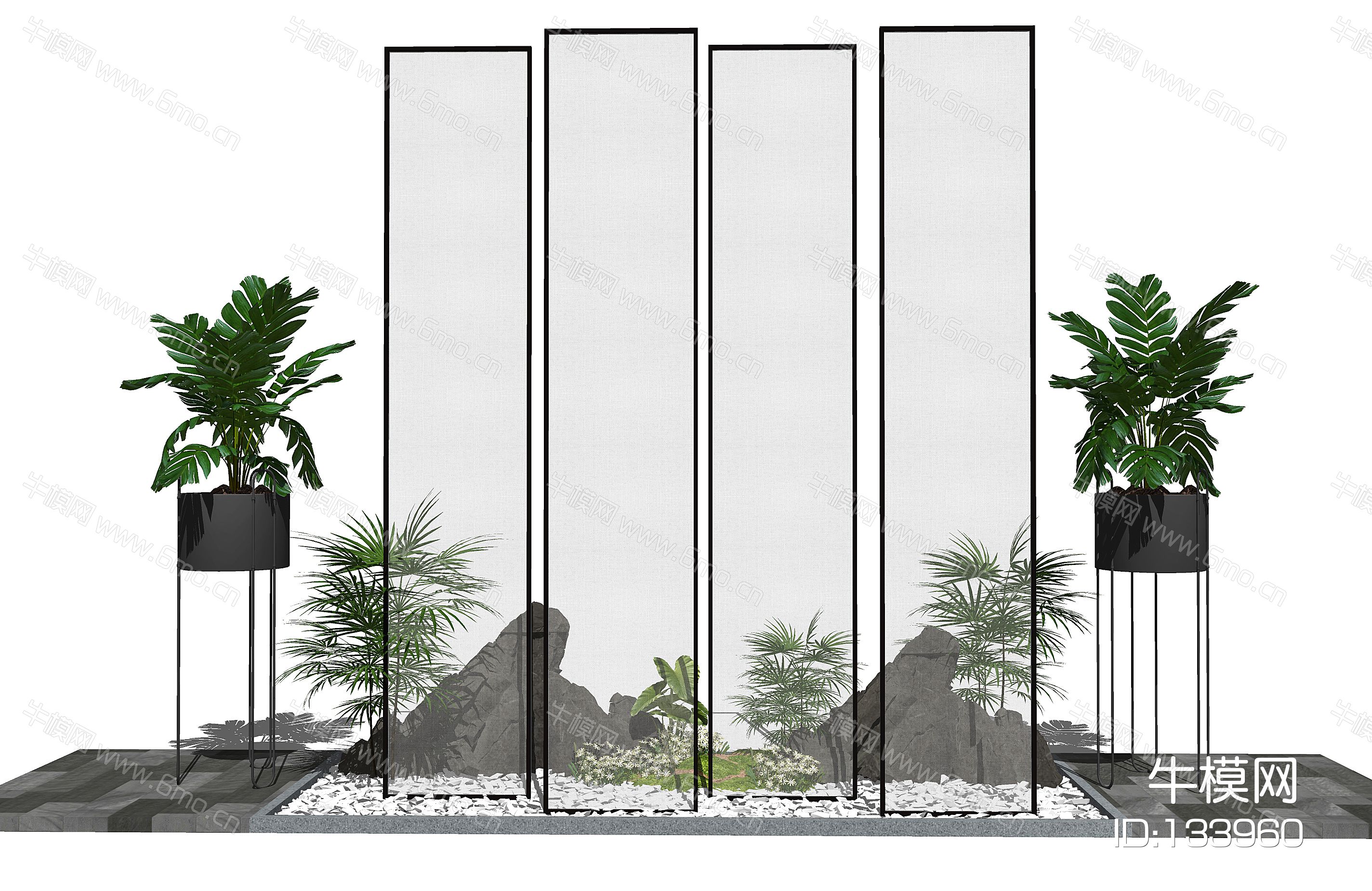 新中式景观小品庭院景观盆栽隔断屏风假山石头SU模型