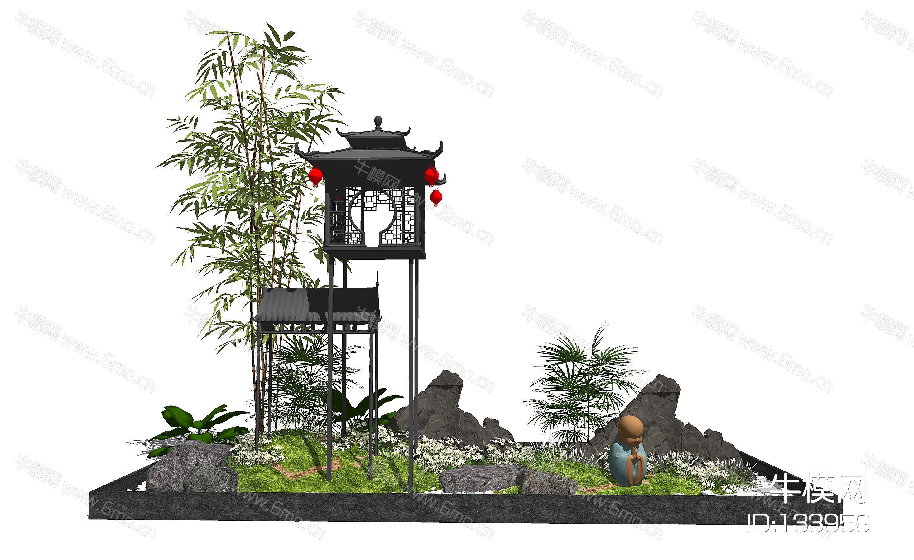 新中式景观小品庭院景观假山石头植物SU模型