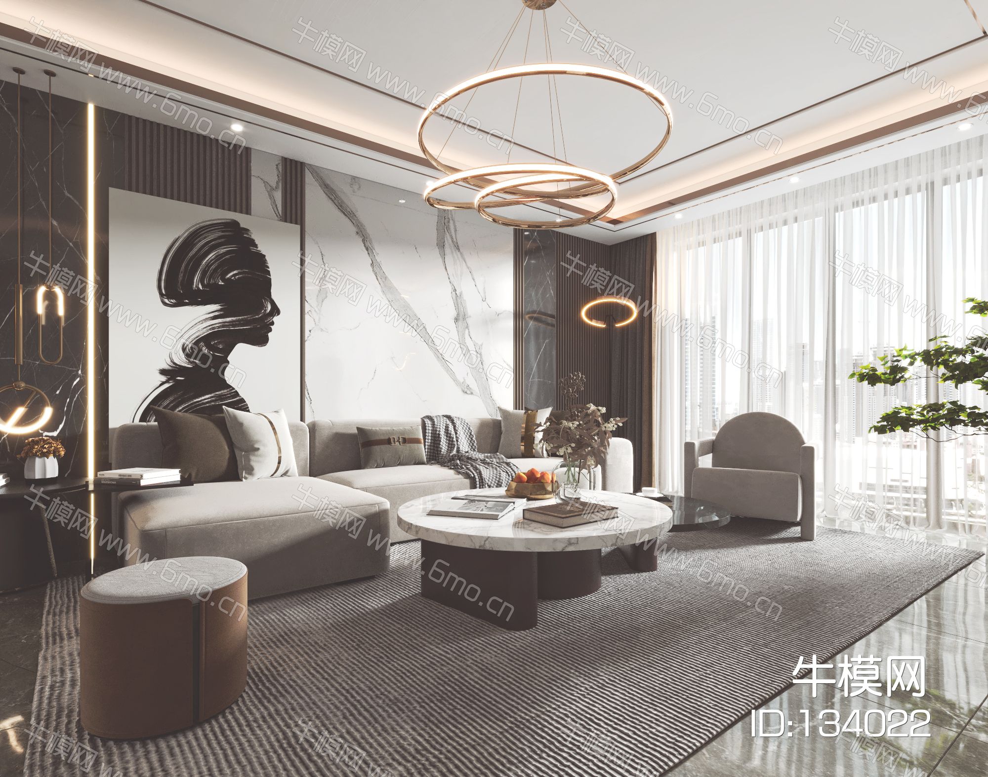 现代客厅餐厅，沙发，餐桌，电视柜，吊灯，装饰画