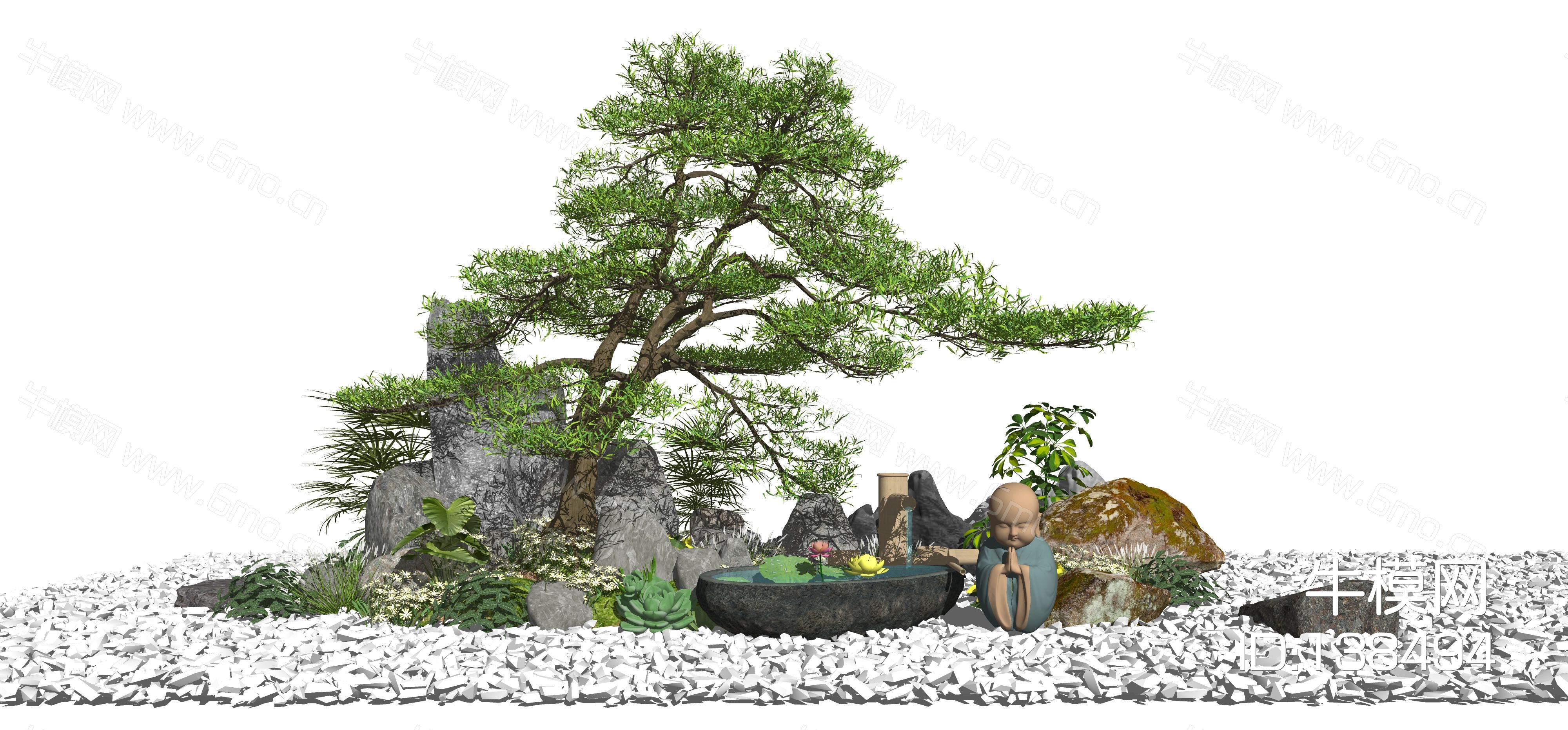 新中式景观小品松树石头水景枯山水SU模型