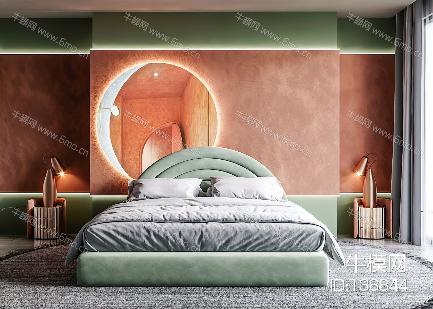 暖绿色系现代卧室双人床