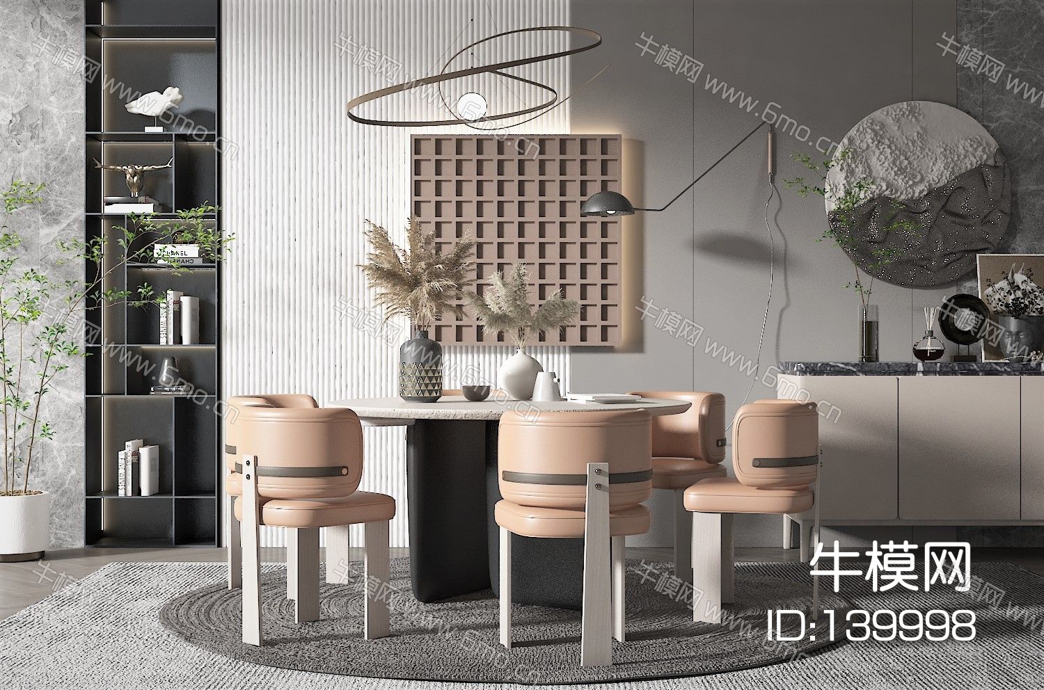 现代风格餐桌椅，餐边柜，餐厅吊灯