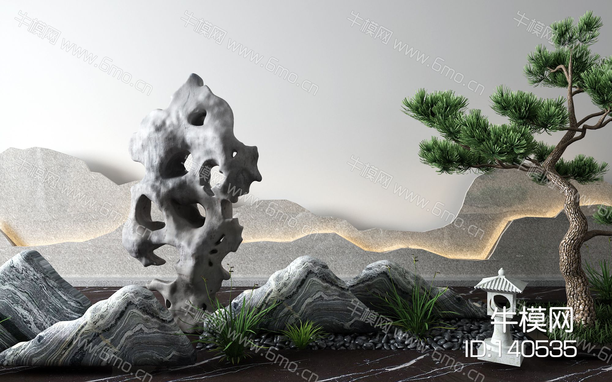新中式松树 景观小品 石头
