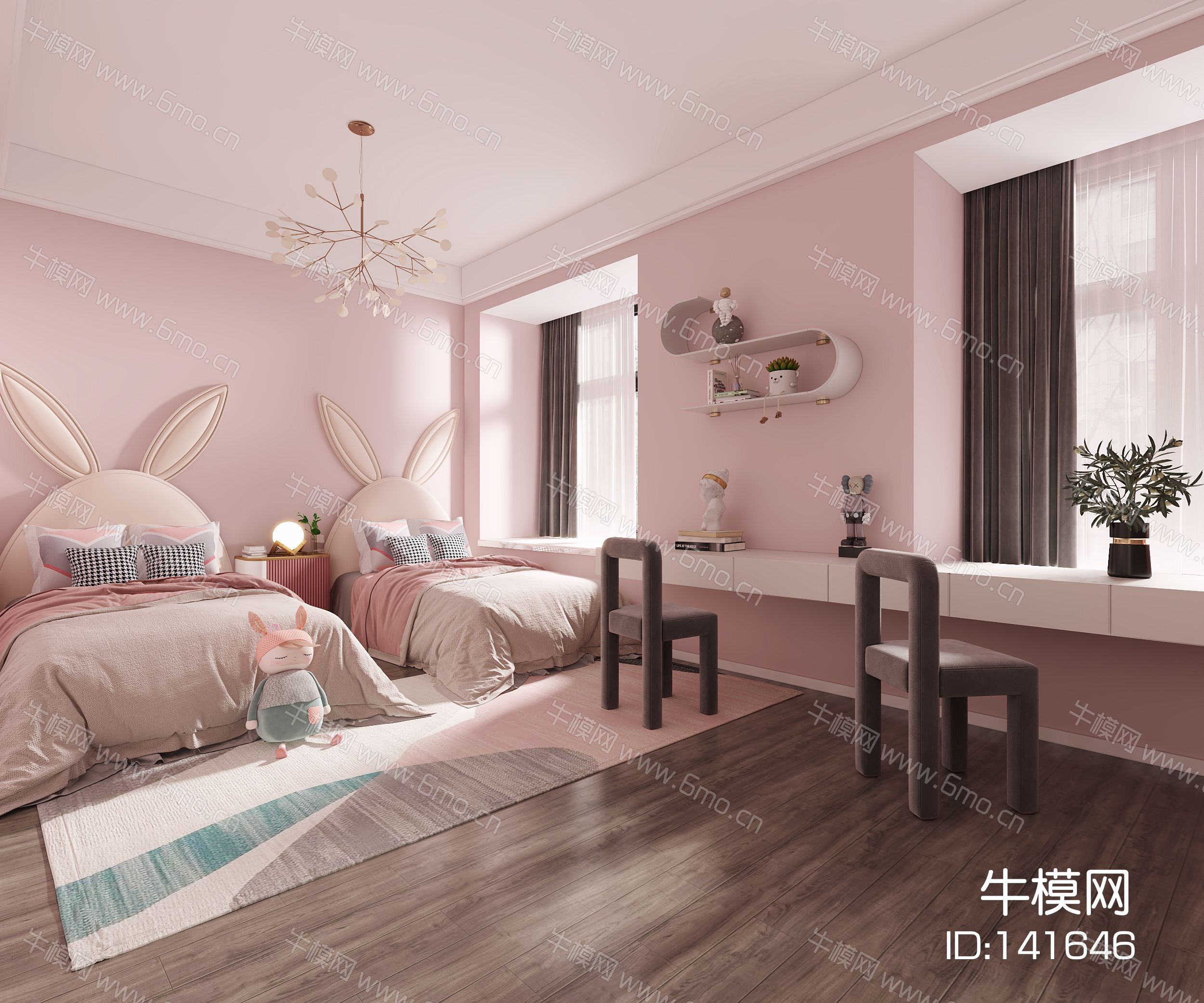 现代儿童房儿童房女孩房3d模型下载