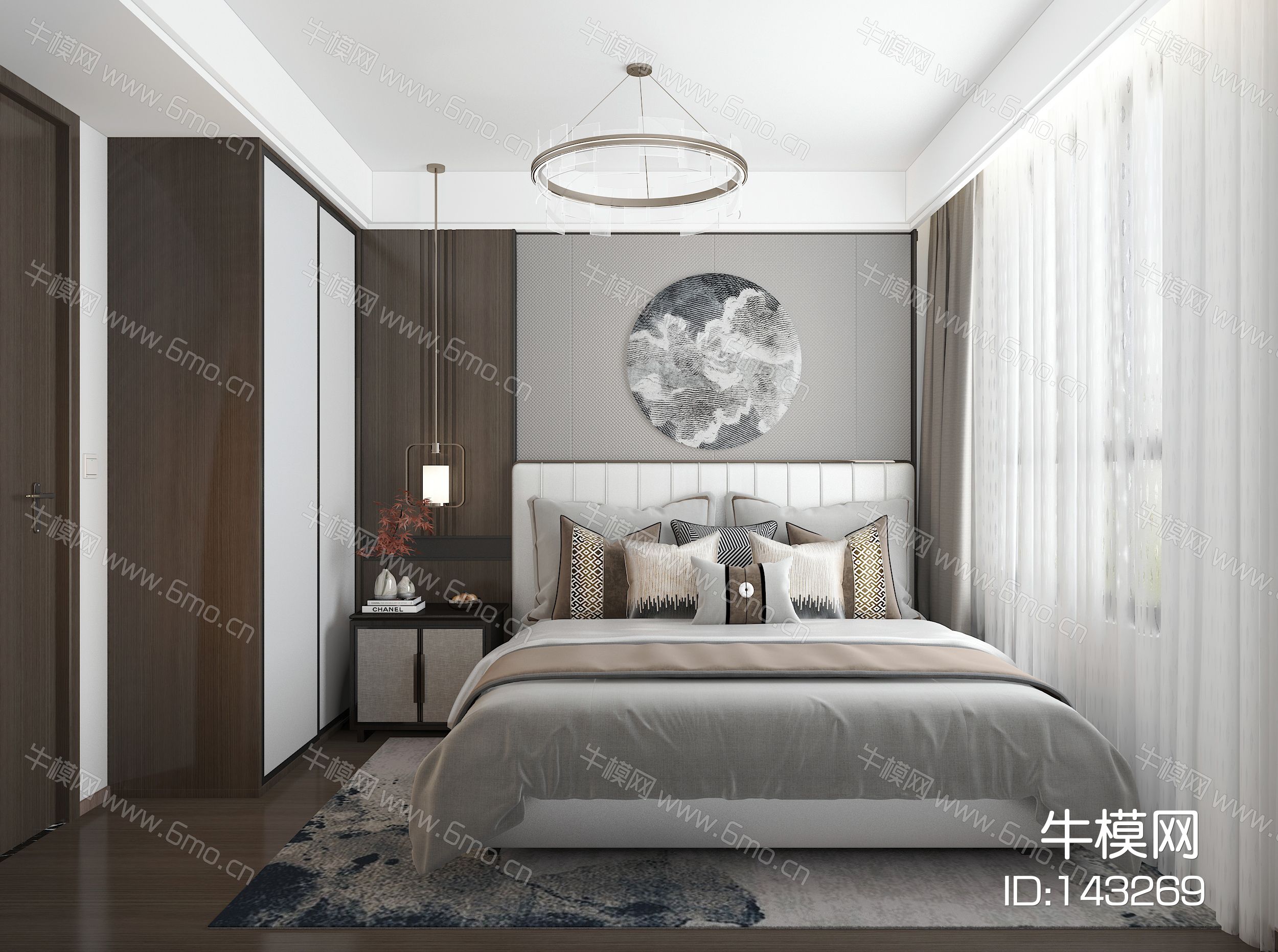 新中式家居卧室主卧老人房双人床衣柜床头柜吊灯壁挂地毯