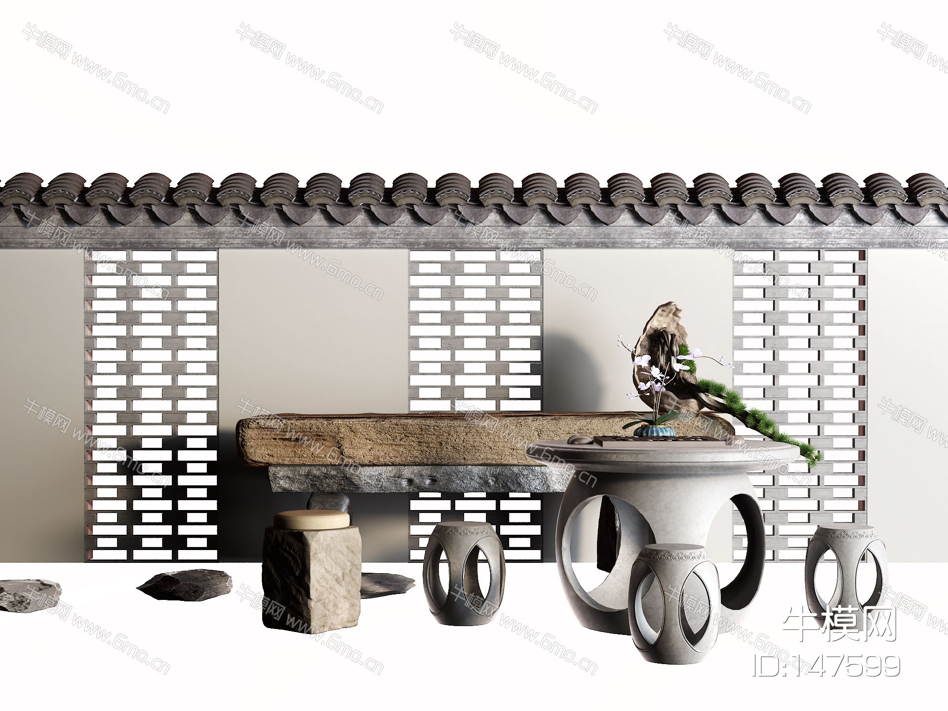 中式石桌 户外桌 围墙 瓦片