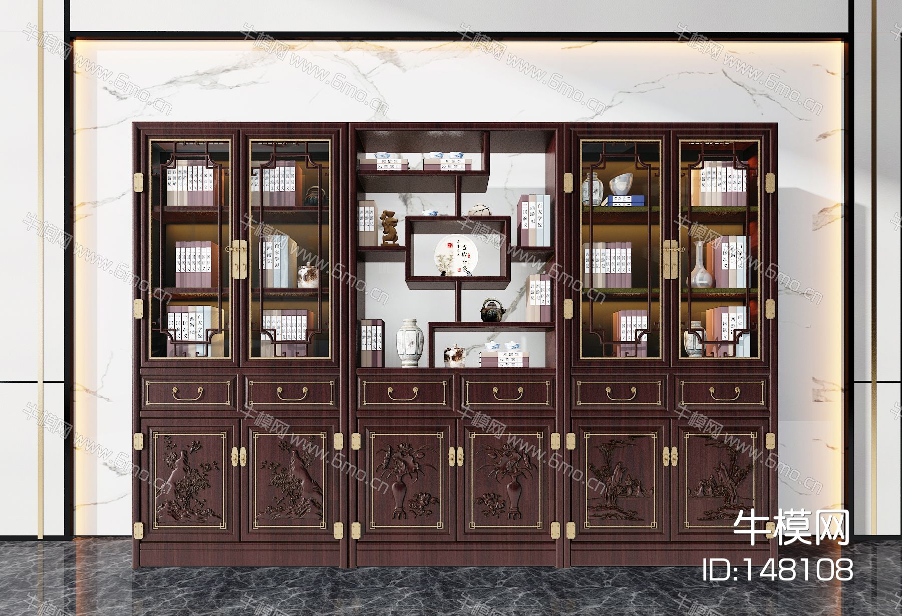 中式古典实木雕花书柜