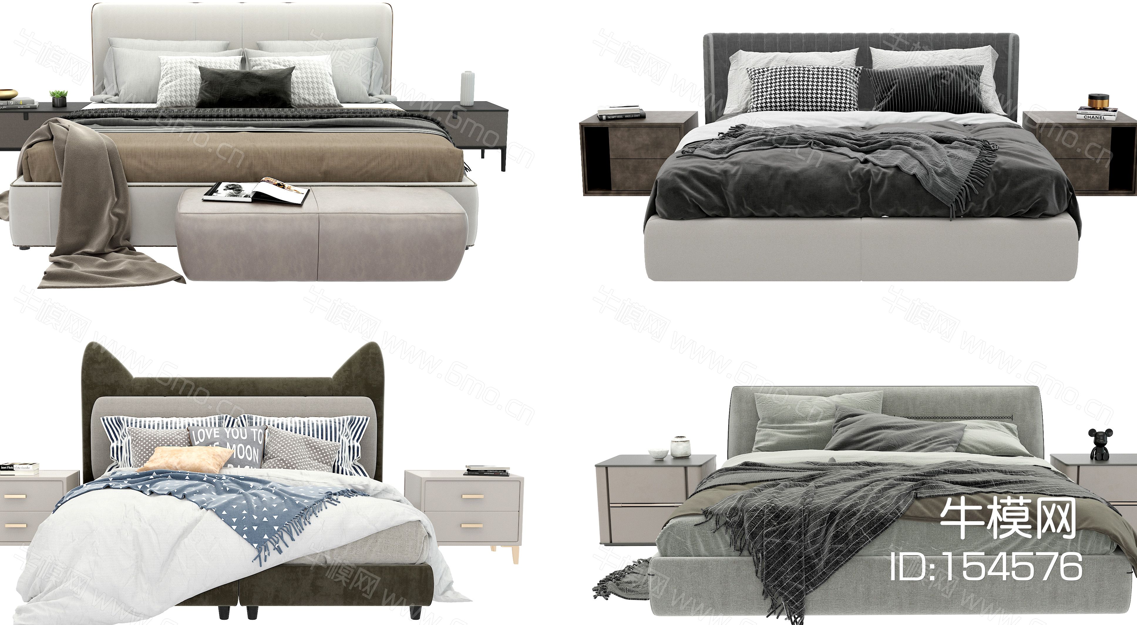 现代双人床 深色双人床 床头柜 床具组合