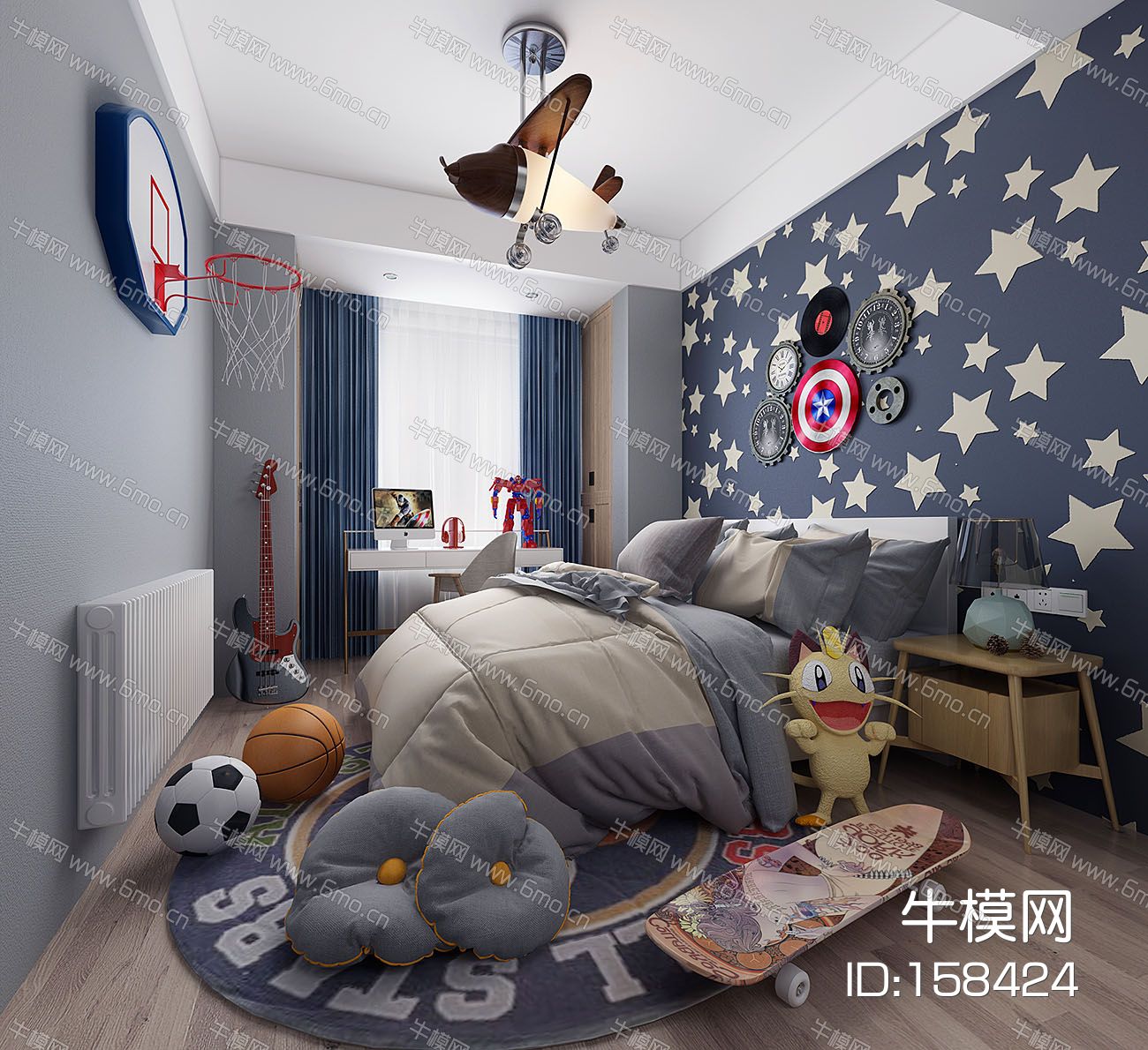 北欧现代儿童房男孩房卧室暖气足球滑板车篮球框飞机吊顶