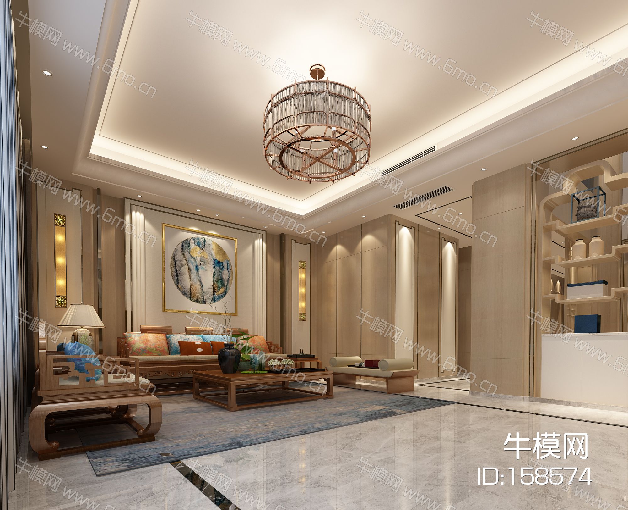 现代新中式会客厅吊灯中式古典实木沙发茶几罗汉床