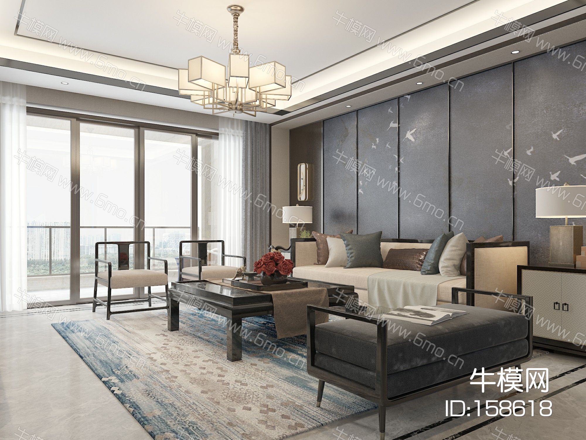 新中式客厅沙发茶几吊灯椅子