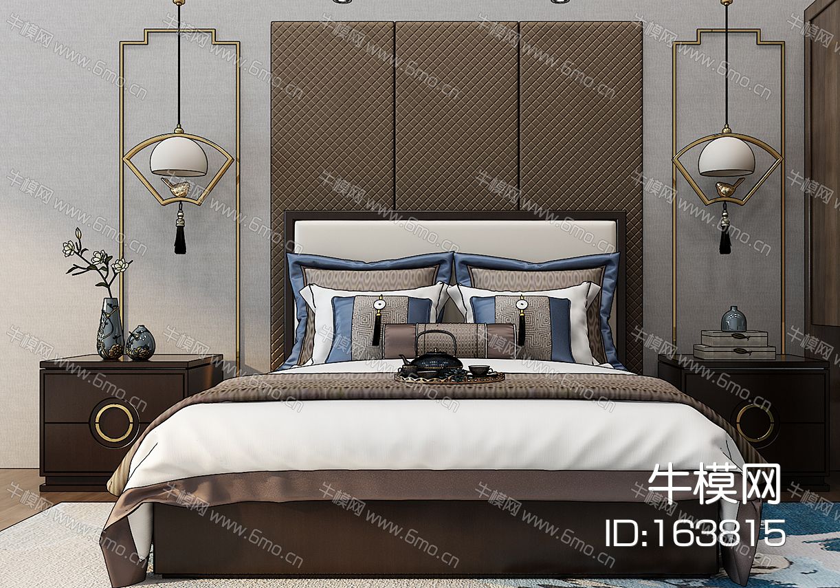 新中式床床头柜花瓶茶具吊灯组合