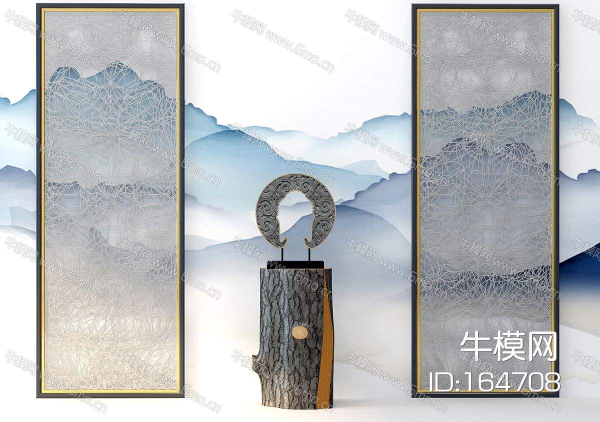 新中式摆件饰品隔断木桩墩远山背景画组合副本