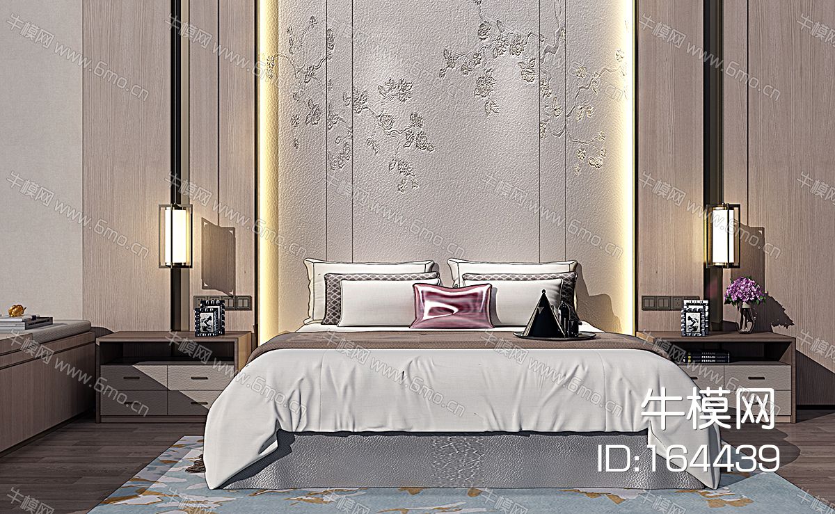 新中式床具床头柜背景壁布软包