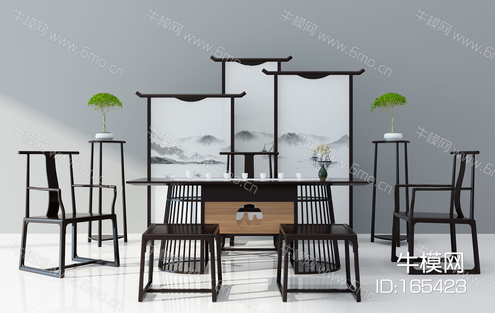 新中式茶桌椅子屏风花架摆台