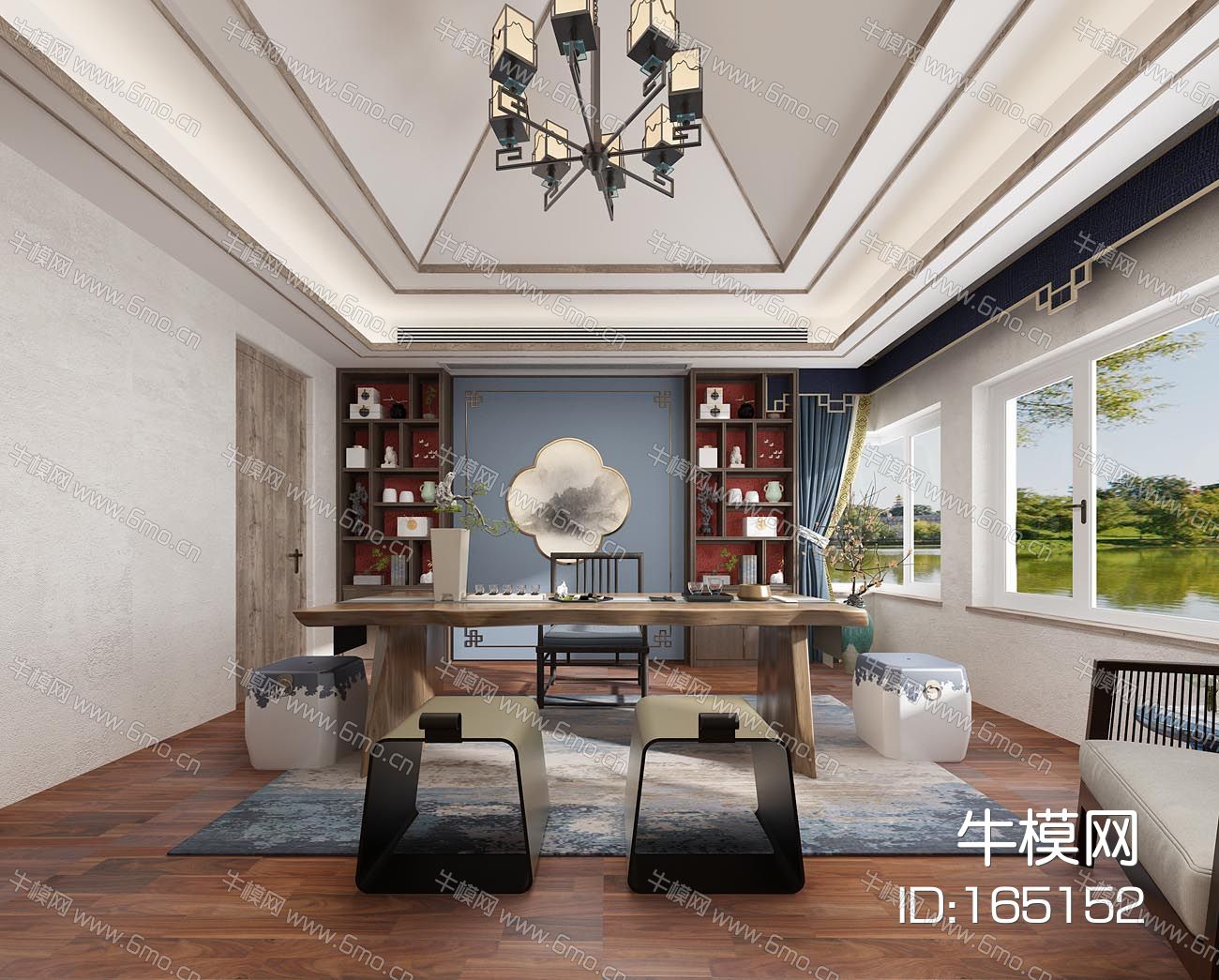 新中式书房茶室书画室书柜书桌椅鼓凳窗帘