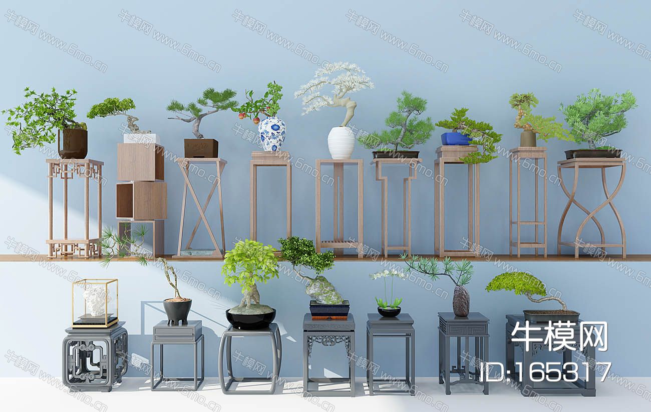 古典实木花架边几盆栽组合