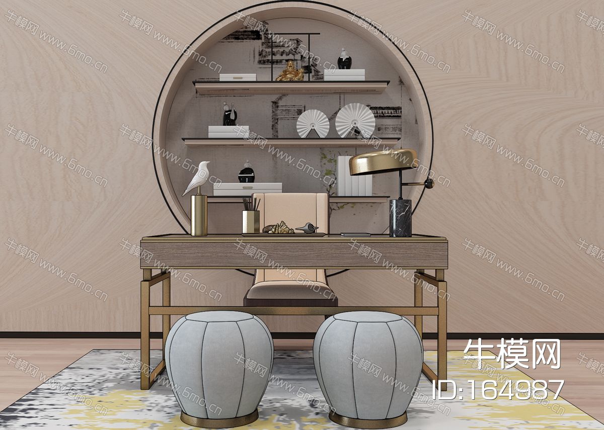 新中式书桌布墩书柜