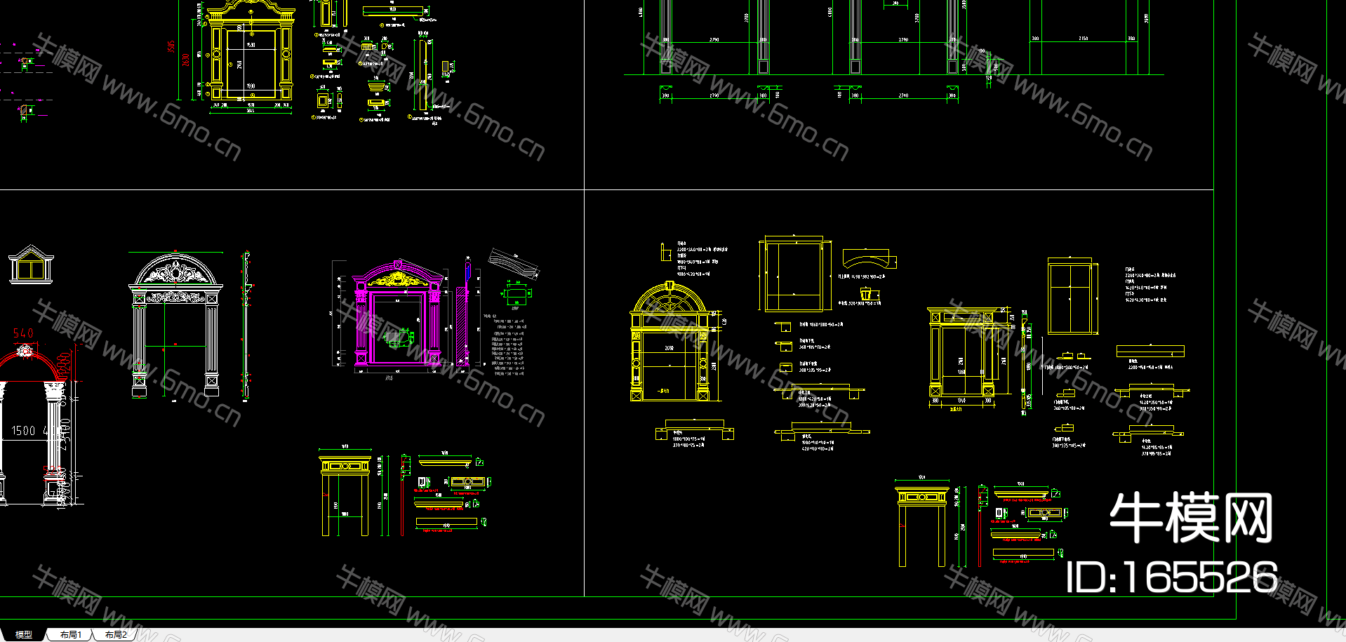 喷泉、栏杆、围墙、大理石门头景观构件CAD图库素材下载