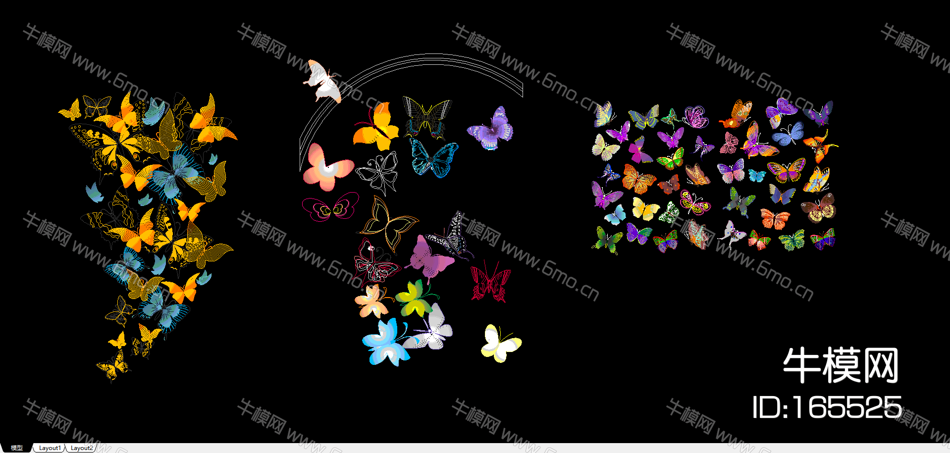 创炫彩蝴蝶花朵CAD图库素