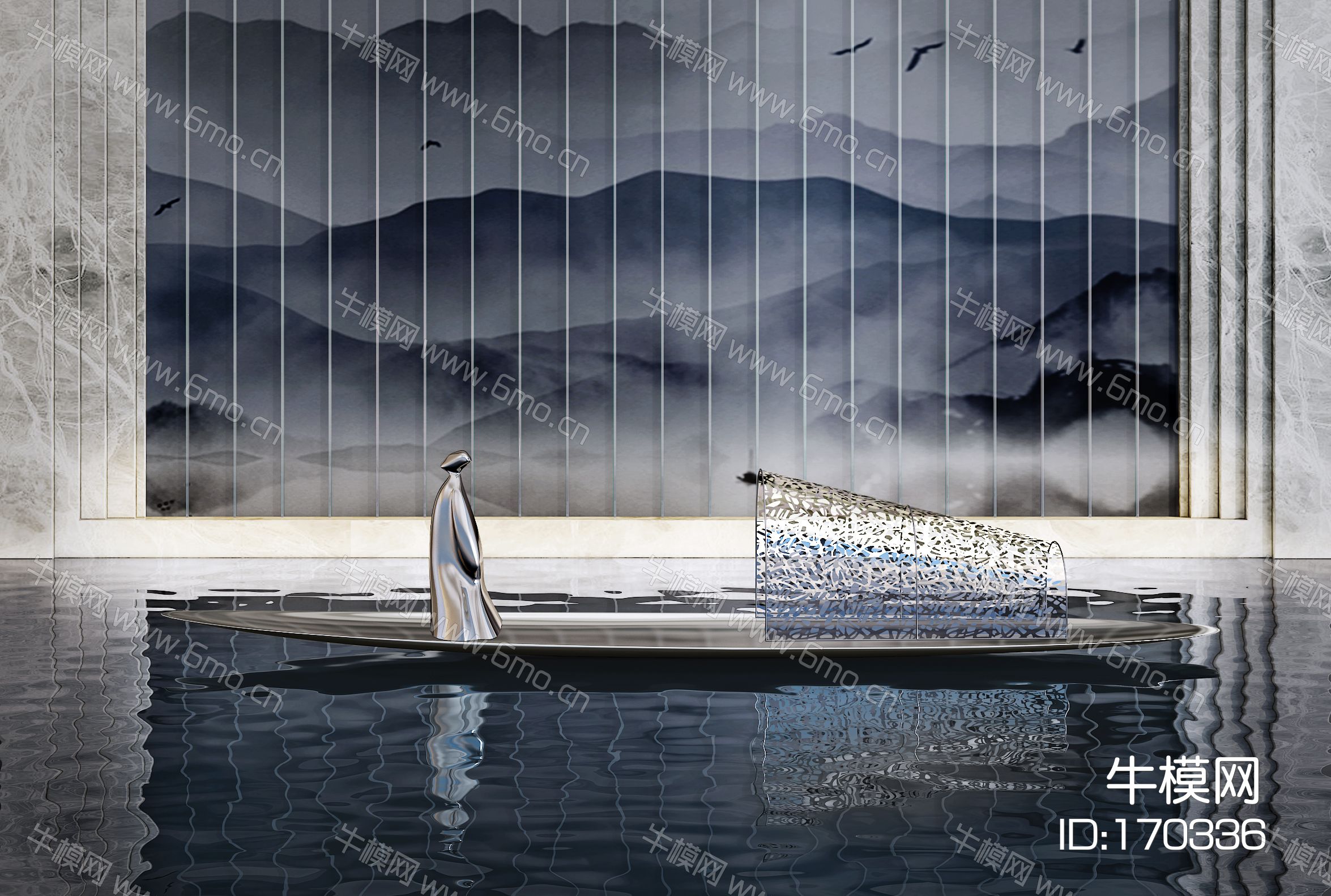 新中式集艾设计山水景船雕塑摆件组合 售楼处 会所泳池