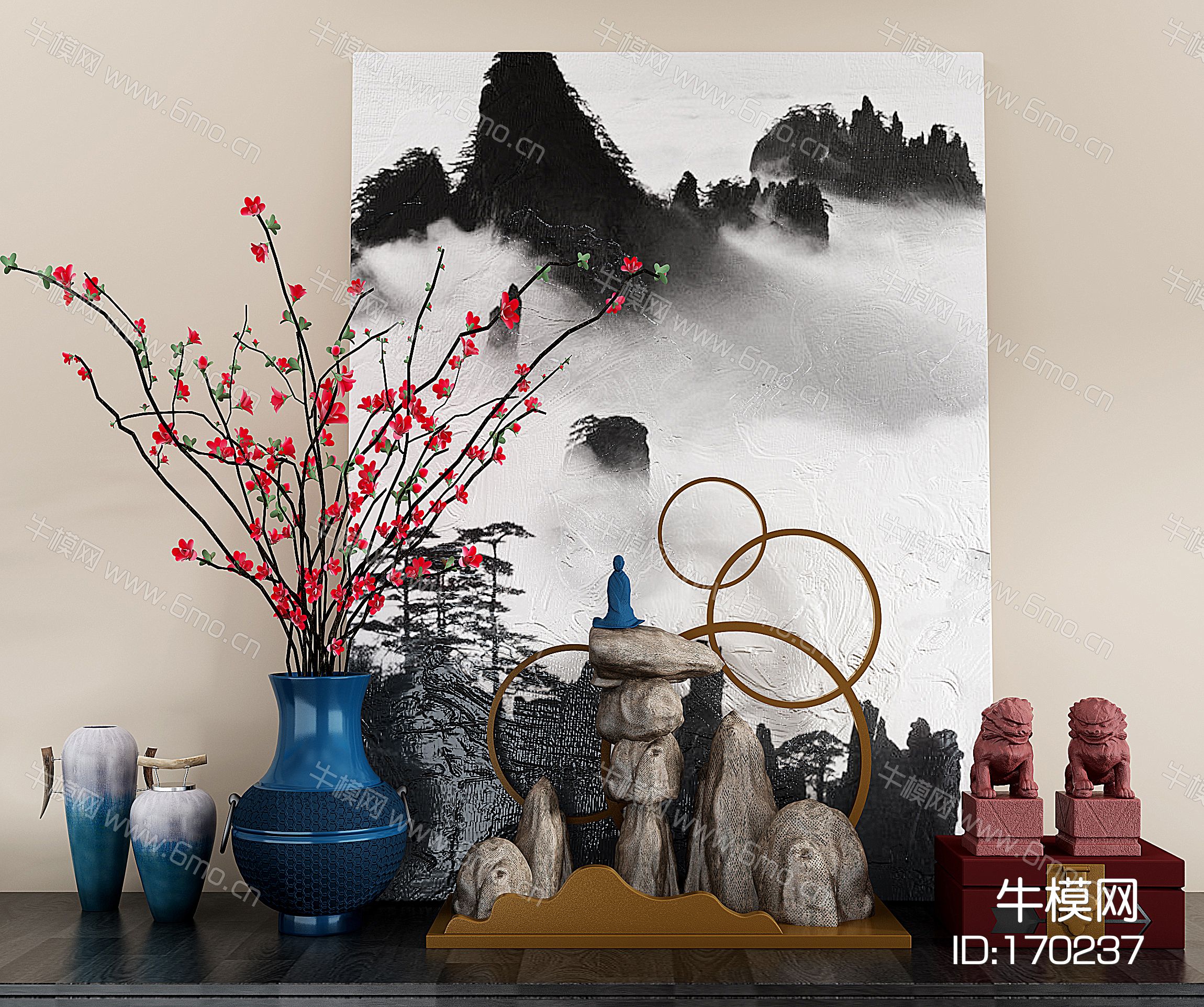 新中式花瓶 假山 狮子 雕塑 摆件