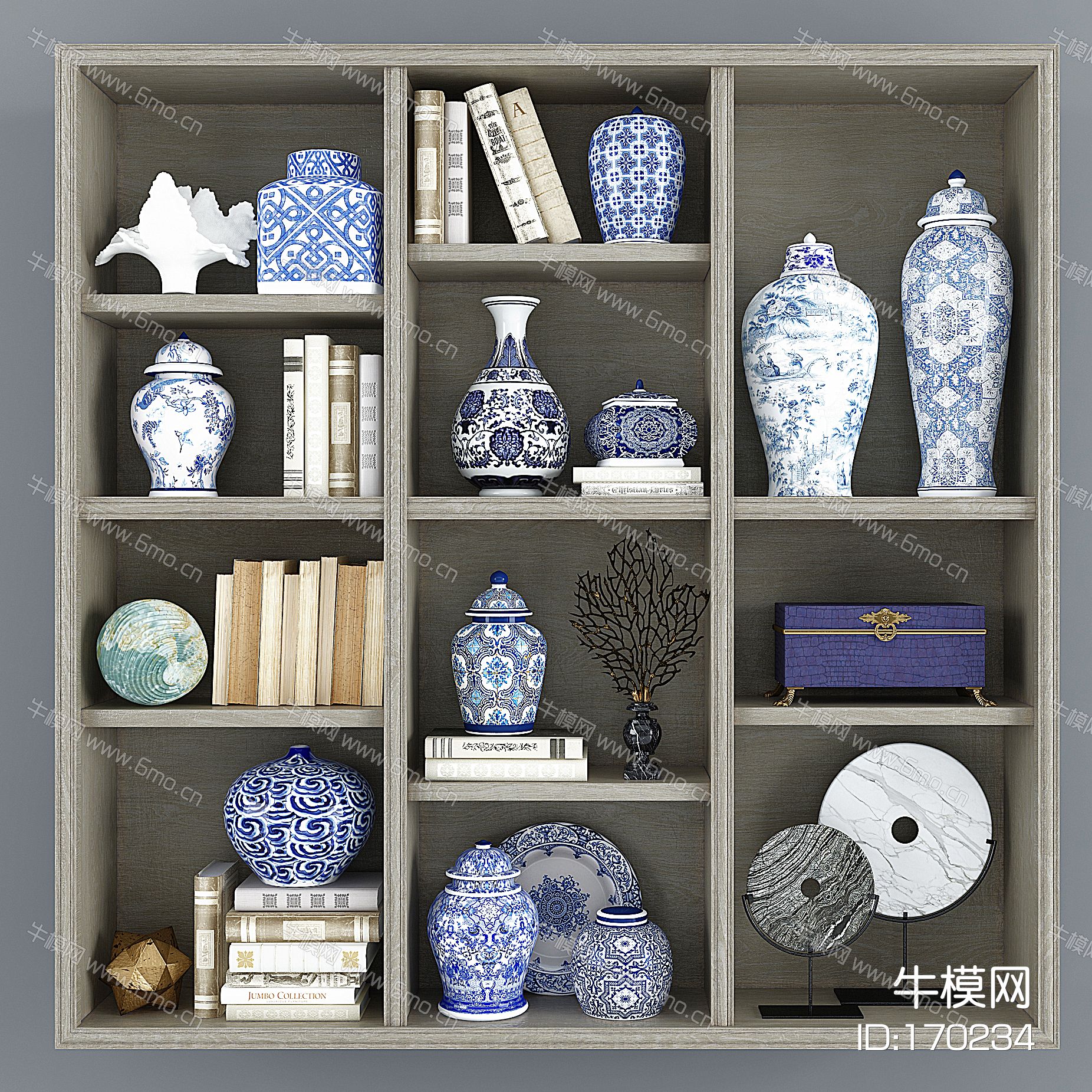 新中式青花瓷瓷器,饰品,陶罐罐子将军罐，玉璧摆件组合