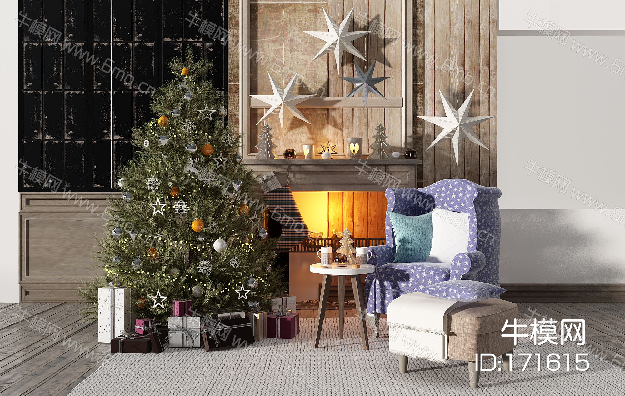 欧式单人沙发圣诞树饰品壁炉礼品盒