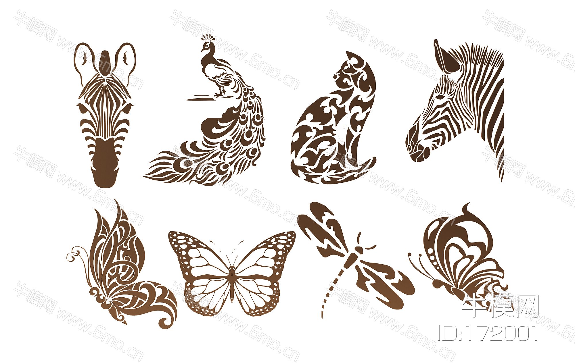现代蝴蝶猫孔雀斑马头蜻蜓剪影图案墙饰
