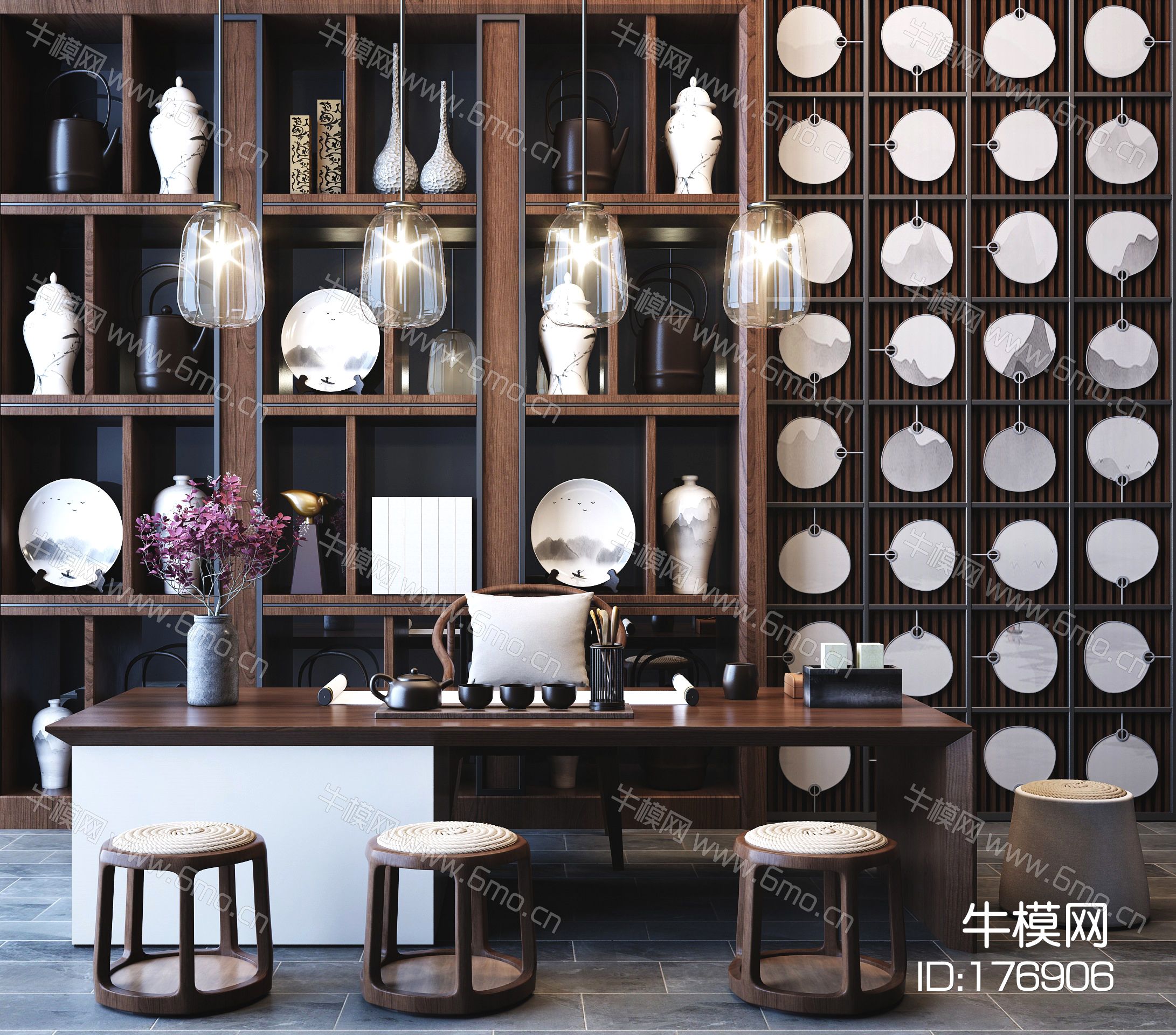 新中式茶台 茶桌椅 吊灯 背景墙 壁柜组合
