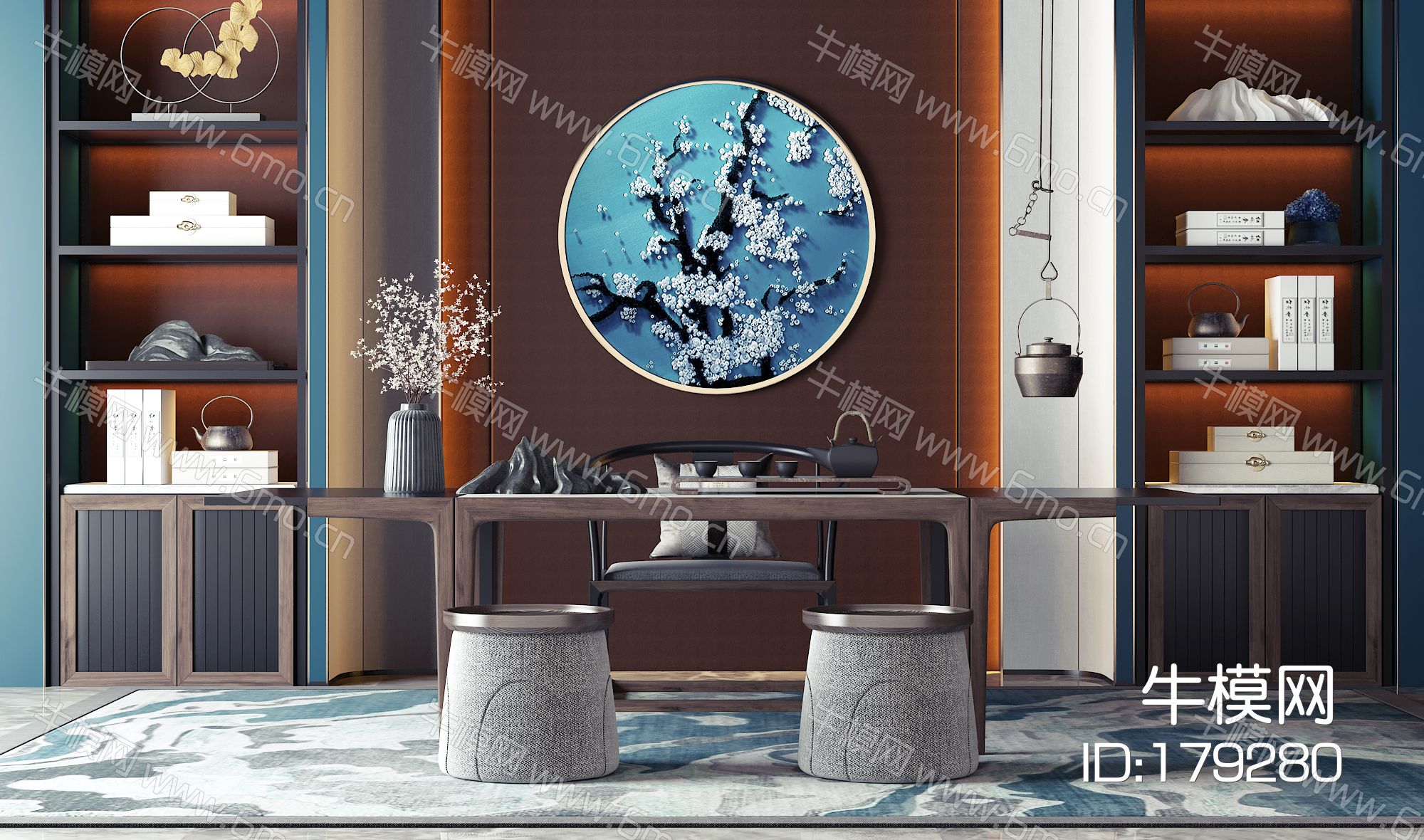 新中式茶桌椅书柜摆件组合 茶具 凳子 中式单椅 饰品