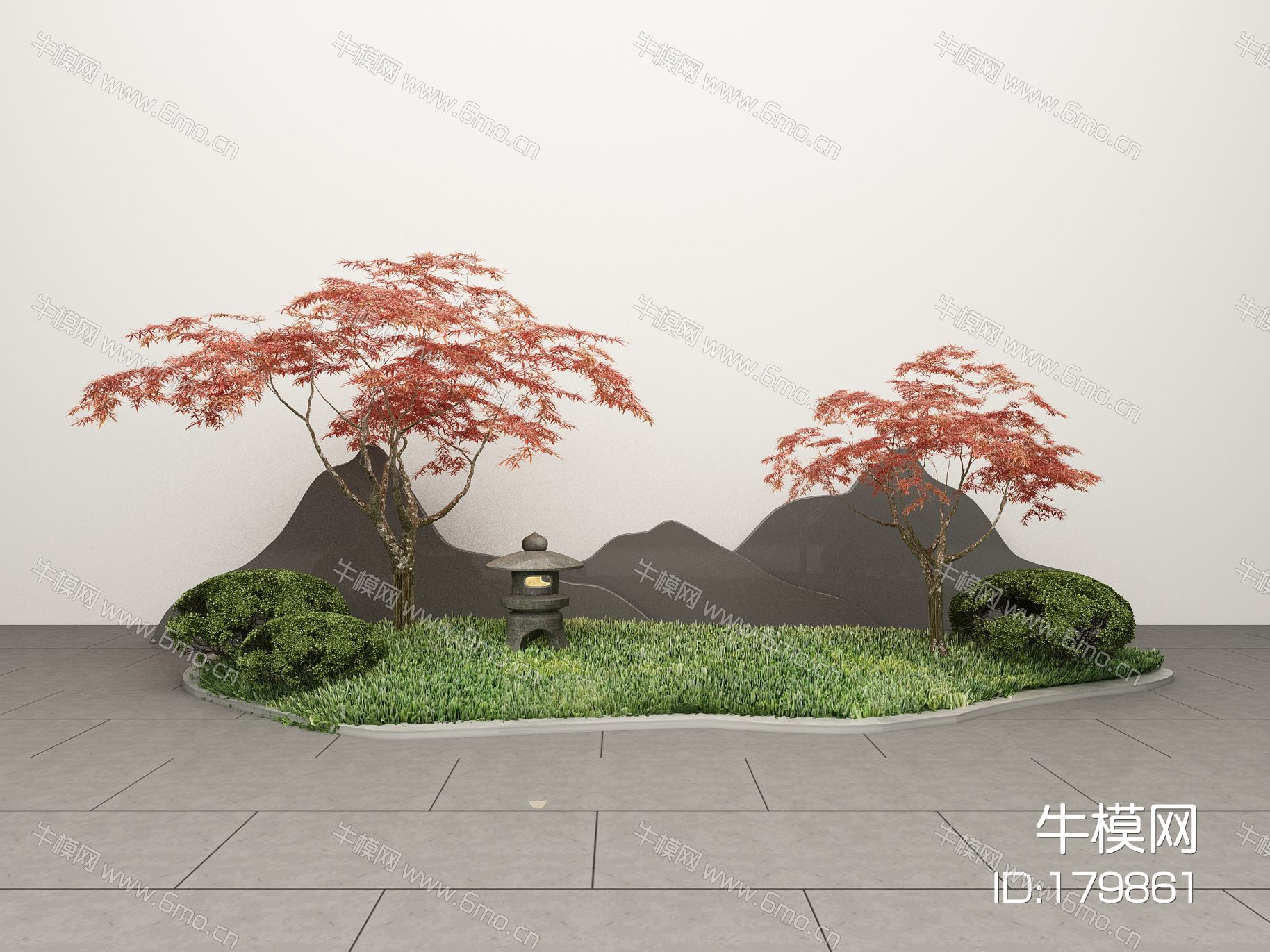 新中式红枫 树 植物 中式假山 园艺小品 石灯 草地