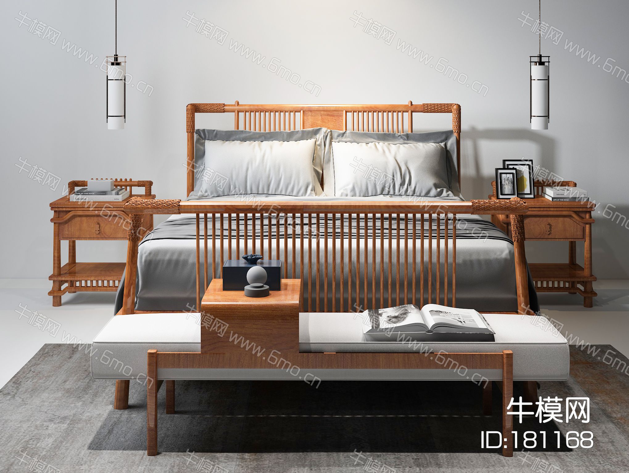 新中式双人床 床头柜 吊灯 床尾凳 抱枕 床品