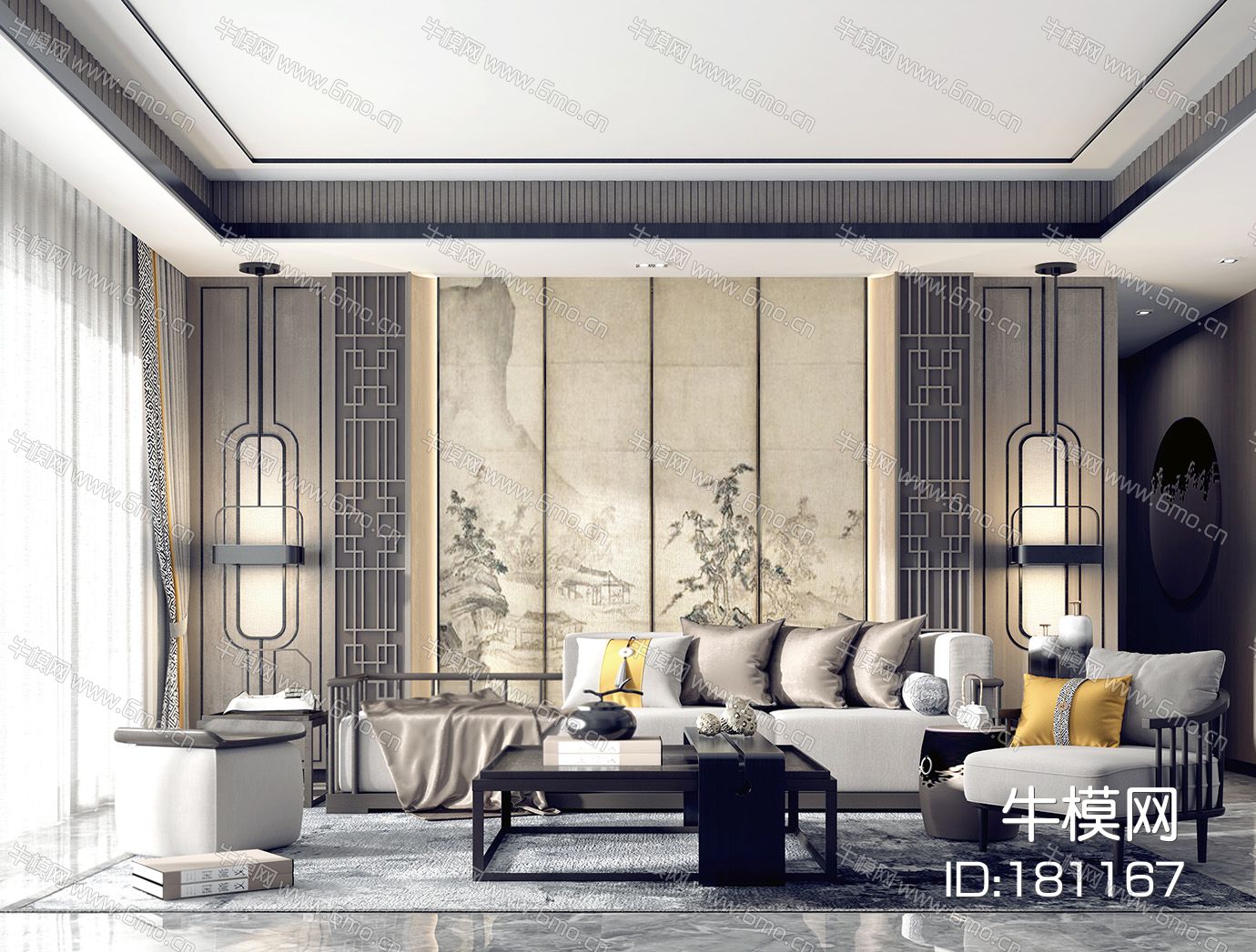 新中式客厅 沙发茶几组合 椅子 背景墙