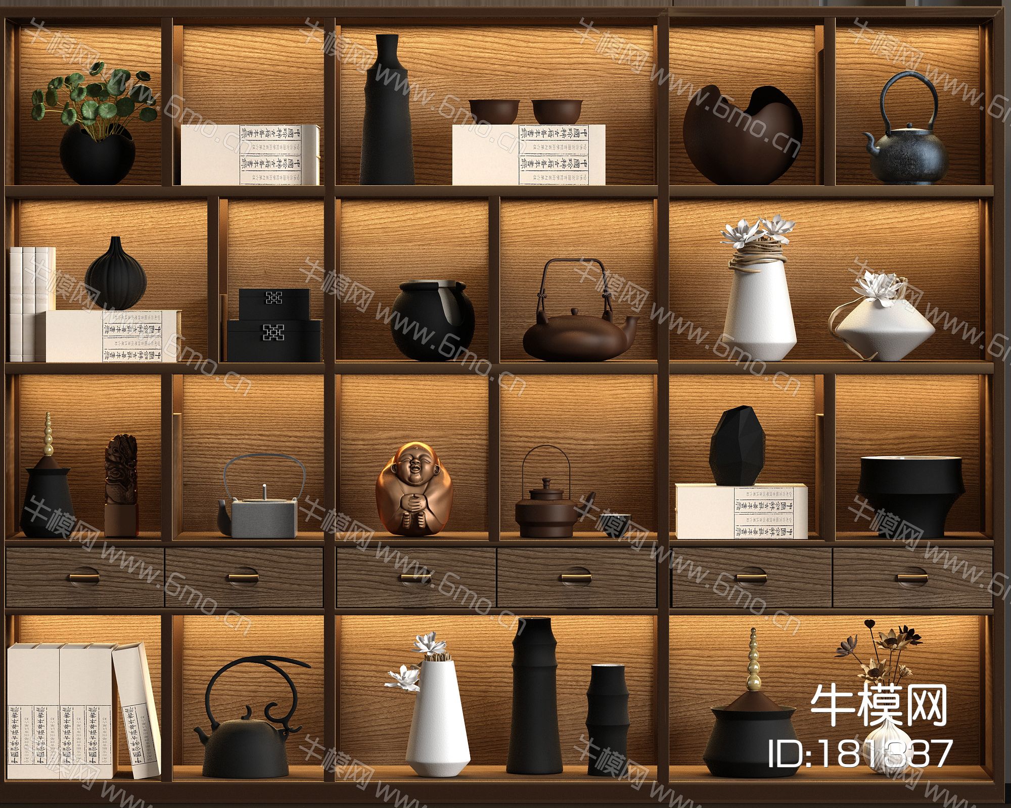 新中式实木装饰柜摆件茶壶组合