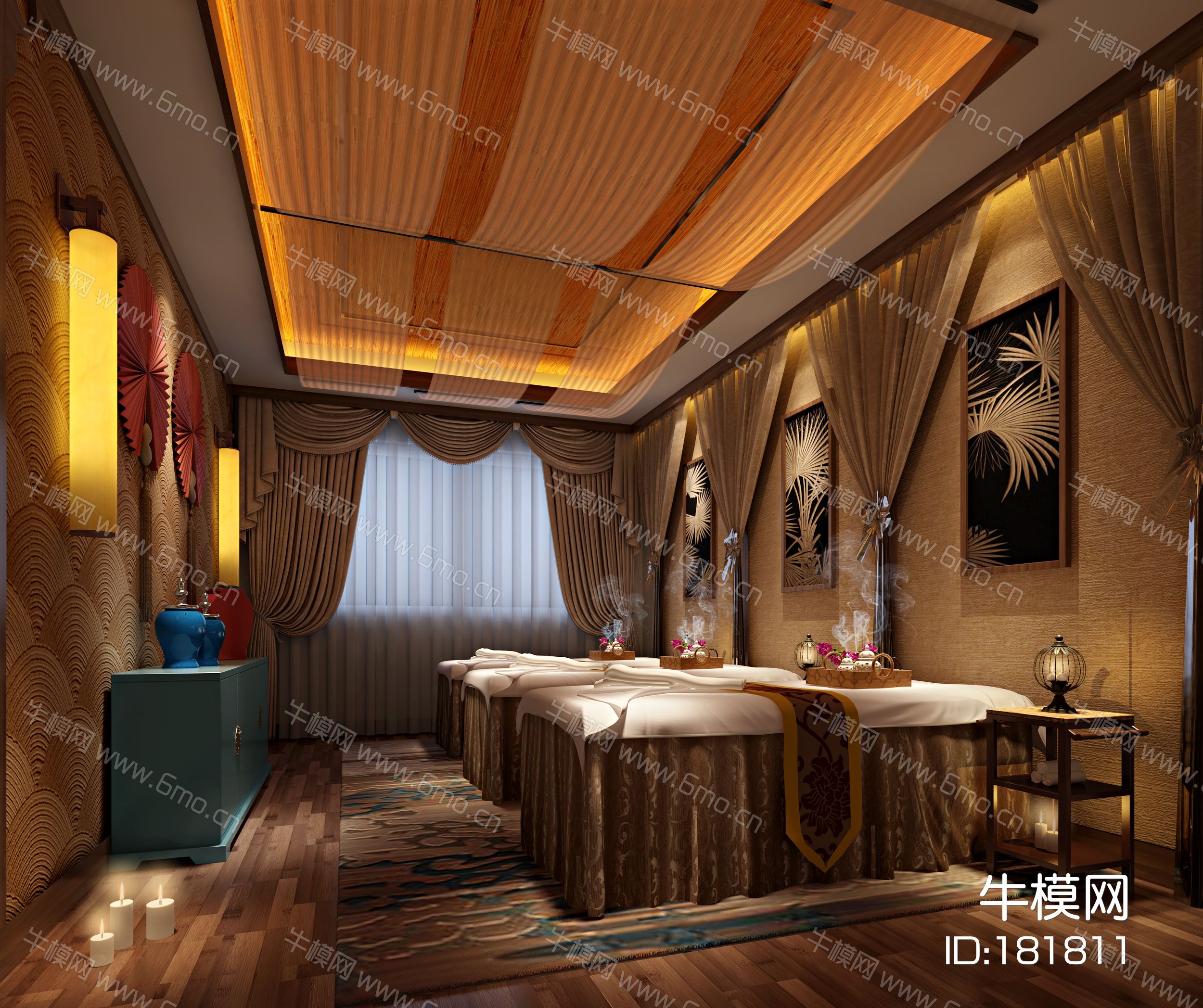 新中式美容院 美容床 壁灯 沙曼  窗帘  装饰柜 挂画