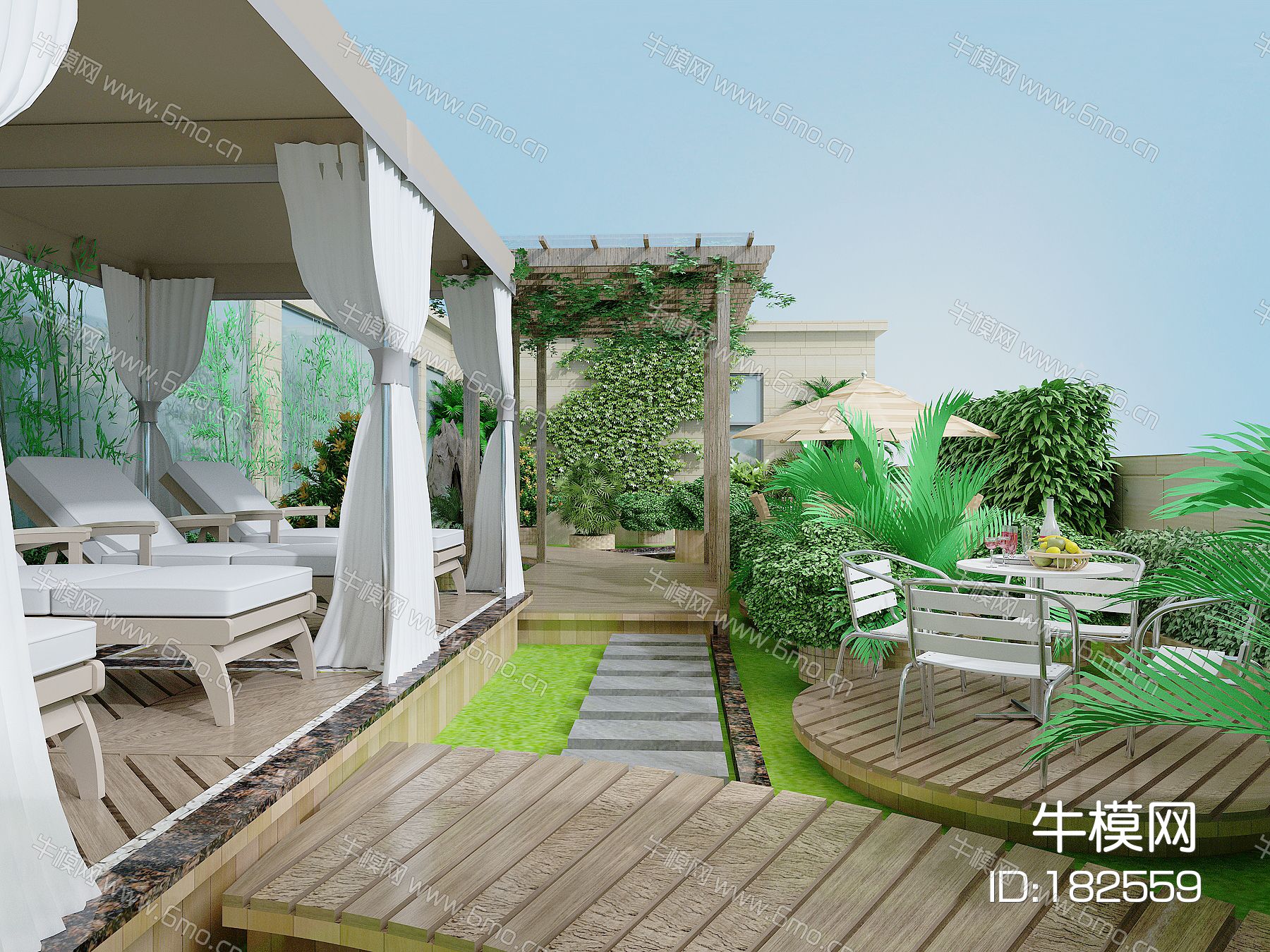 现代别墅露台庭院景观，绿植，植物堆，植物墙，花草树木，休闲平台，躺椅，廊架，藤蔓