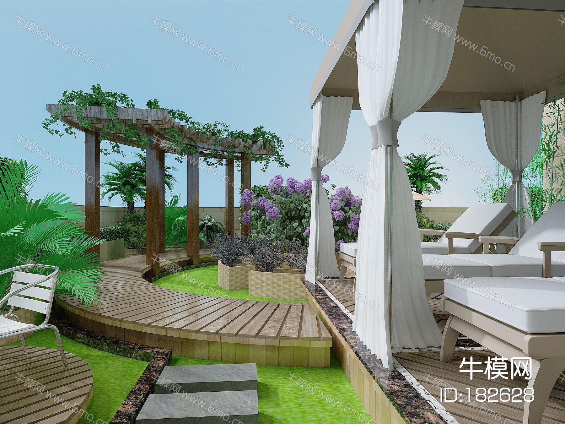 现代别墅露台庭院景观，绿植，植物堆，花草树木，休闲平台，按摩躺椅，弧形廊架，藤蔓